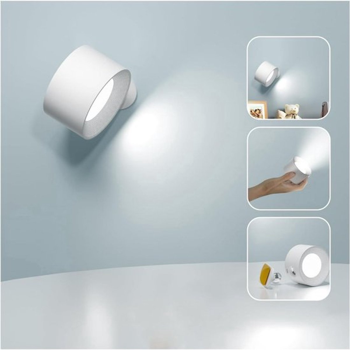 Wandlamp, 360° draaibaar, 3 kleurstanden, 3 helderheidsniveaus, leeslamp voor naast het bed in de slaapkamer, wit.