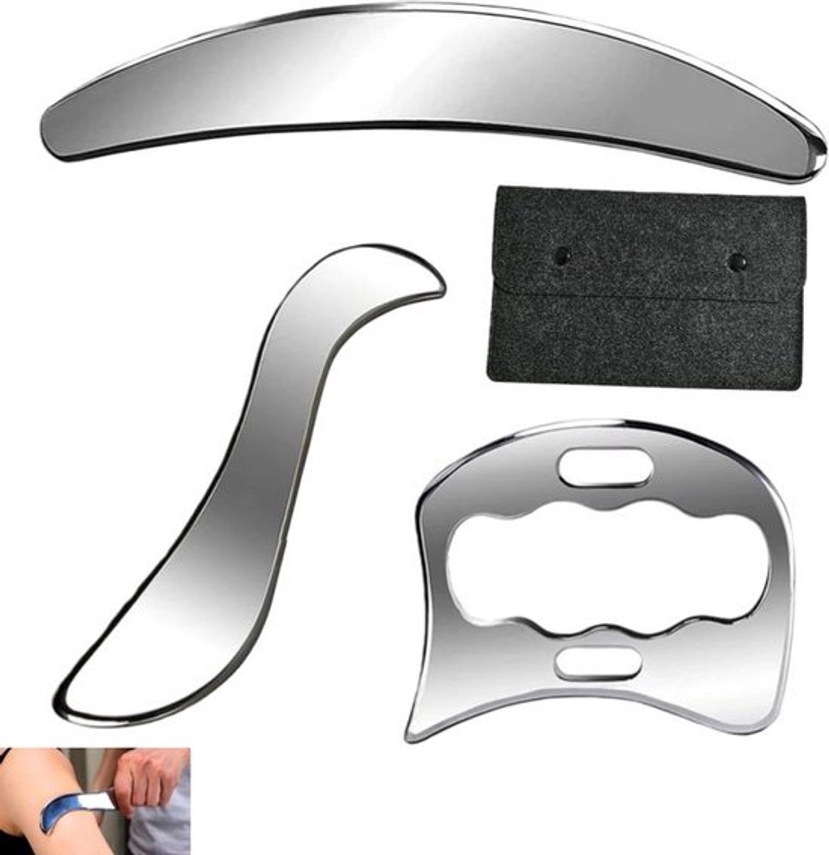 4 stuks - 3-in-1 spierschraper - Gua Sha schraper - fysiotherapie massagetool - mobilisatie van zacht weefsel voor rug, benen, armen - 19.8×3.5cm - zilver