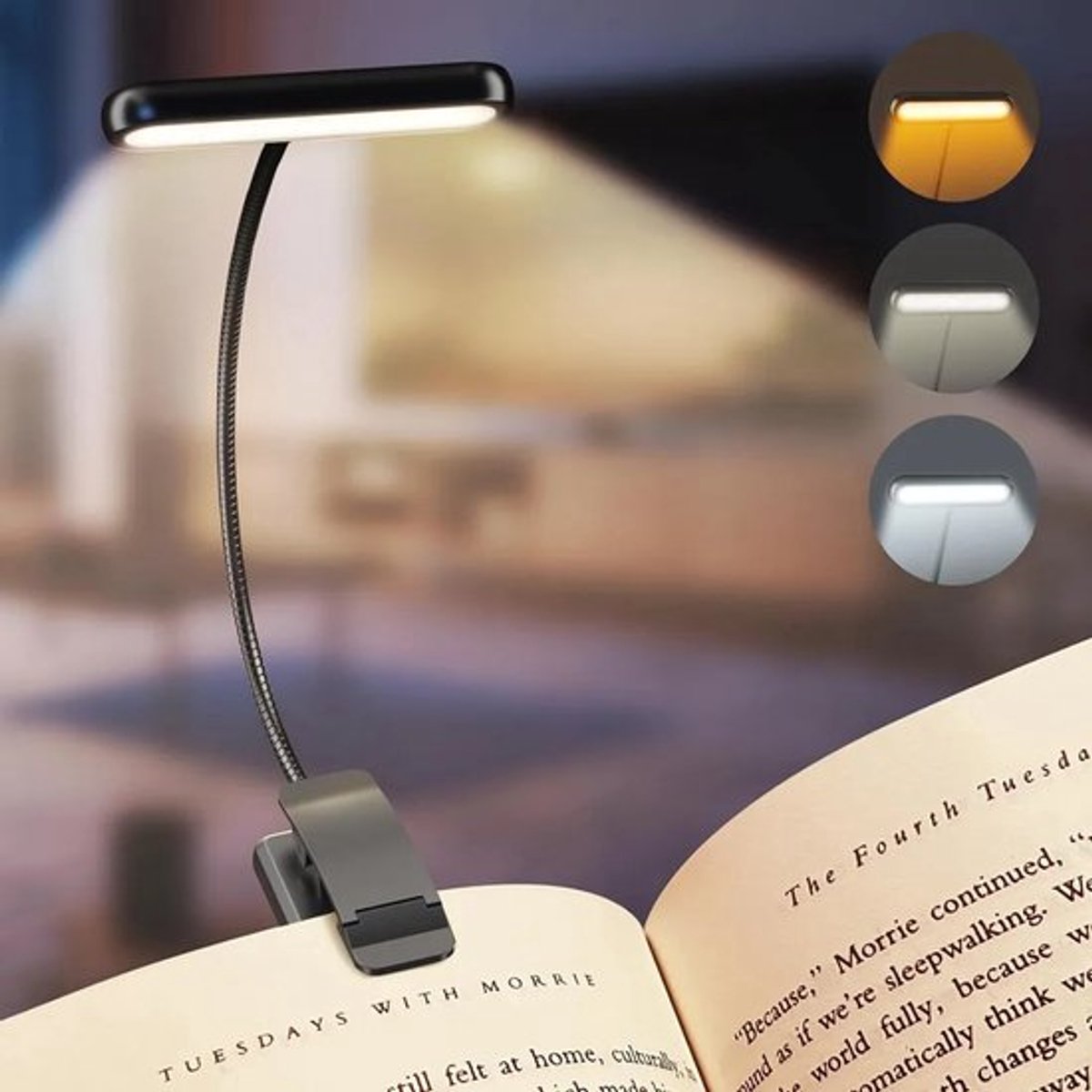 Oplaadbare leeslamp met instelbare helderheid in 3 kleuren en kleurtemperatuur, flexibele en draagbare cliplamp, zwart.
