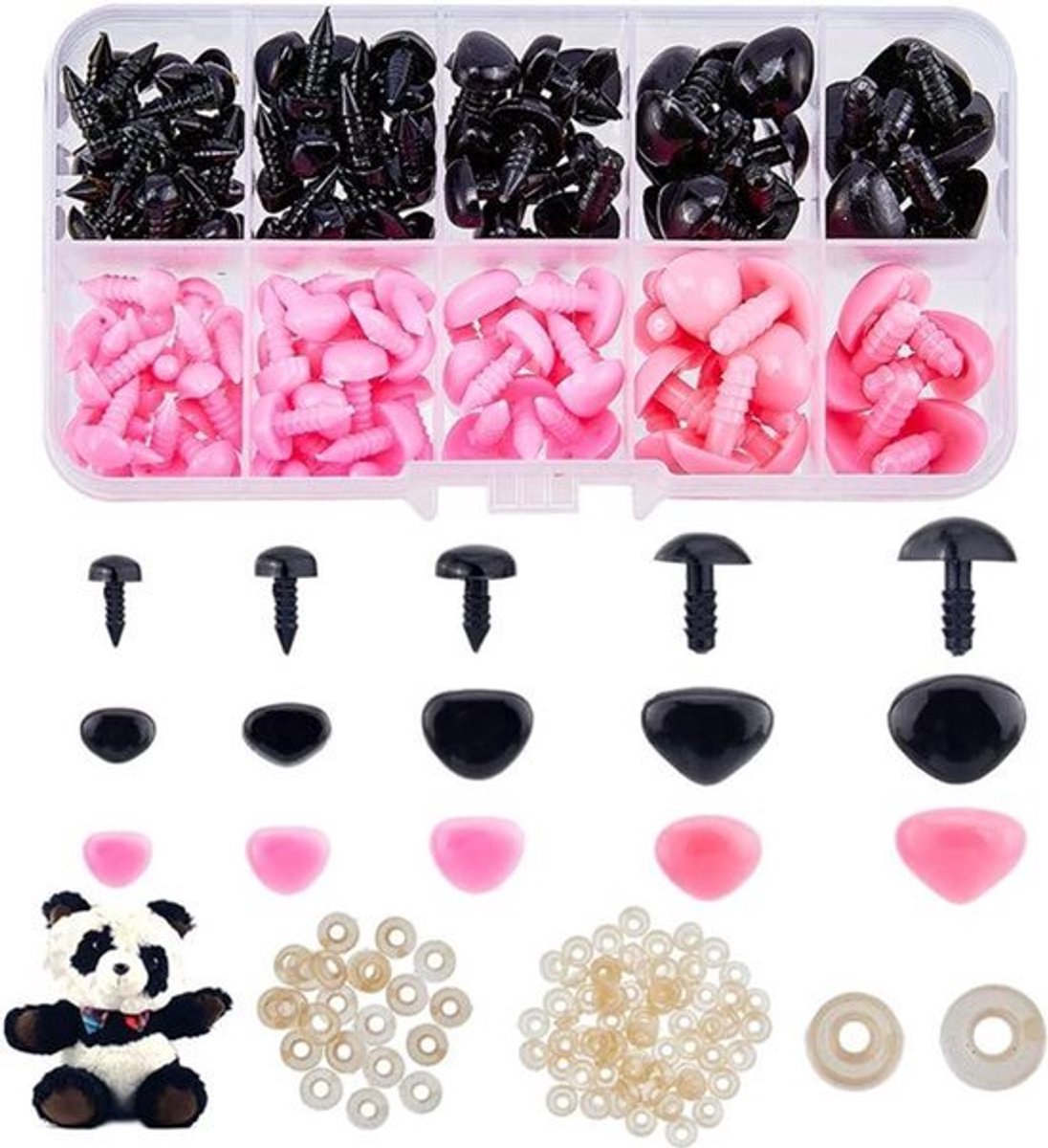 Veiligheidsneus van kunststof - 130 stuks - 5 maten - zwart en roze - voor poppen en dieren - Amigurumi neussets