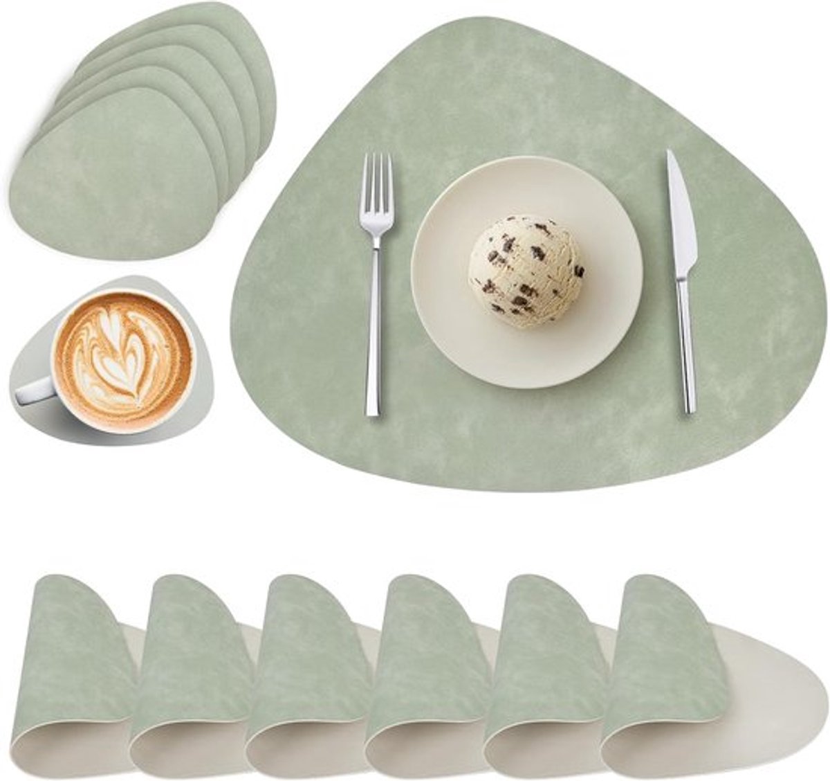 Een set van 6 ronde placemats van PU-leer, dubbelzijdig, waterdicht, wasbaar, antislip en hittebestendig (groen, wit, ivoor).