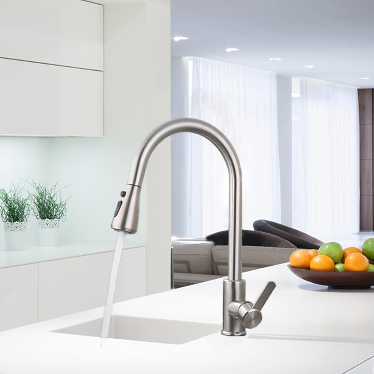 SnelShoppen - Keuken Mengkraan met Uittrekbare Douchesproeier, 360° Rotatable RVS Keuken Faucet met 3 Spruitmodi, Geborsteld Staal - Grote Kop voor Ke