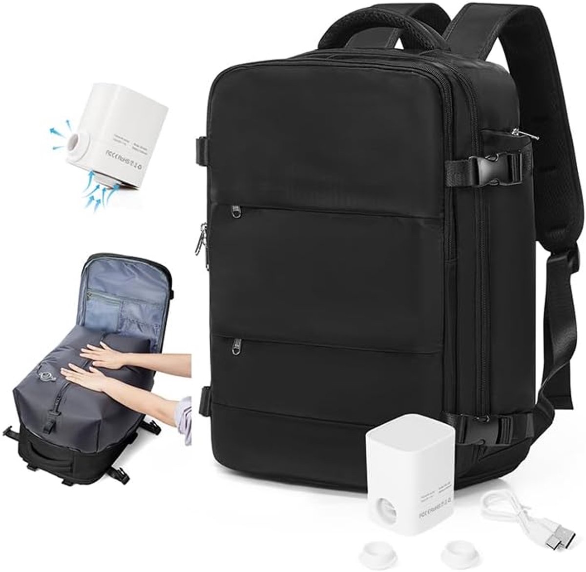 SnelShoppen - Vacuum Packed Hand Luggage Backpack met Pomp, 40x30x20 cm, Perfect voor Ryanair, Easyjet, Weekend Bag, Hiking Backpack, Casual Daypack,