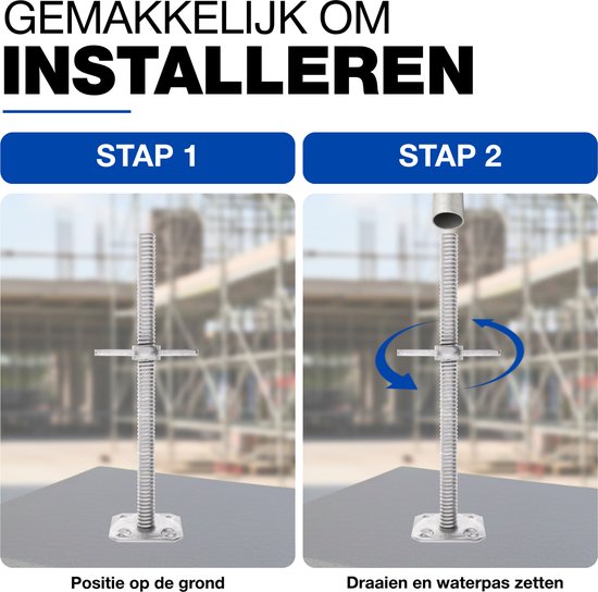 Stap 1: Plaats de schroefkrik op de grond. Stap 2: Draai en stel de waterpas in.