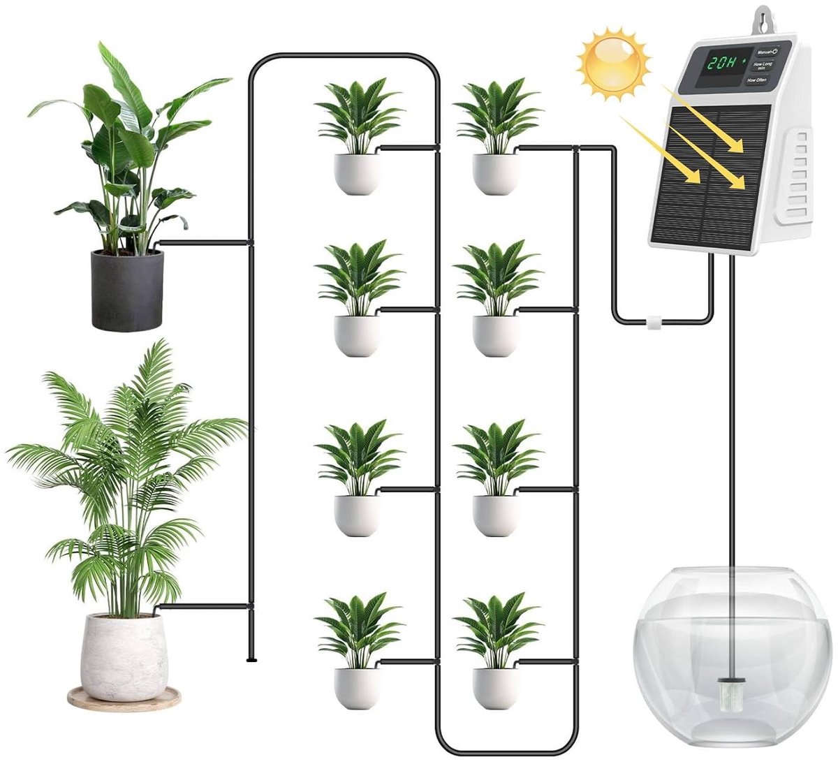 SnelShoppen - Solar Tuin Wateringssysteem met 2200mAh Batterij, Drip Irrigatie met 10m Slang, Automatisch Water geven voor Balkon, Raised Planter, Ser