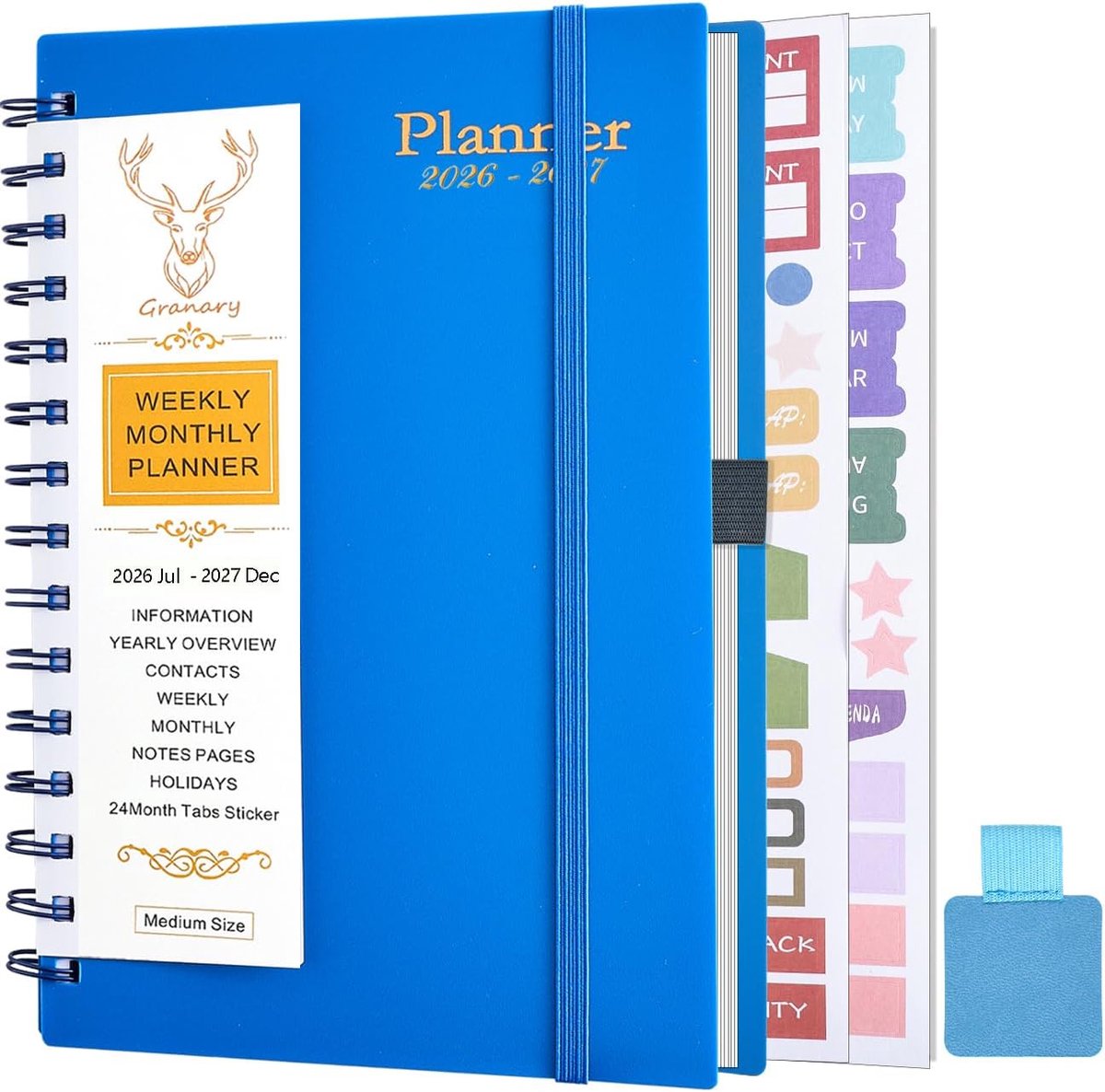 SnelShoppen - Gumiho Weekplanner 2026 2027 Spiralen A5 - 18 Maanden Schoolagenda met Pennenlus en Planningsstickers - Donkerblauw