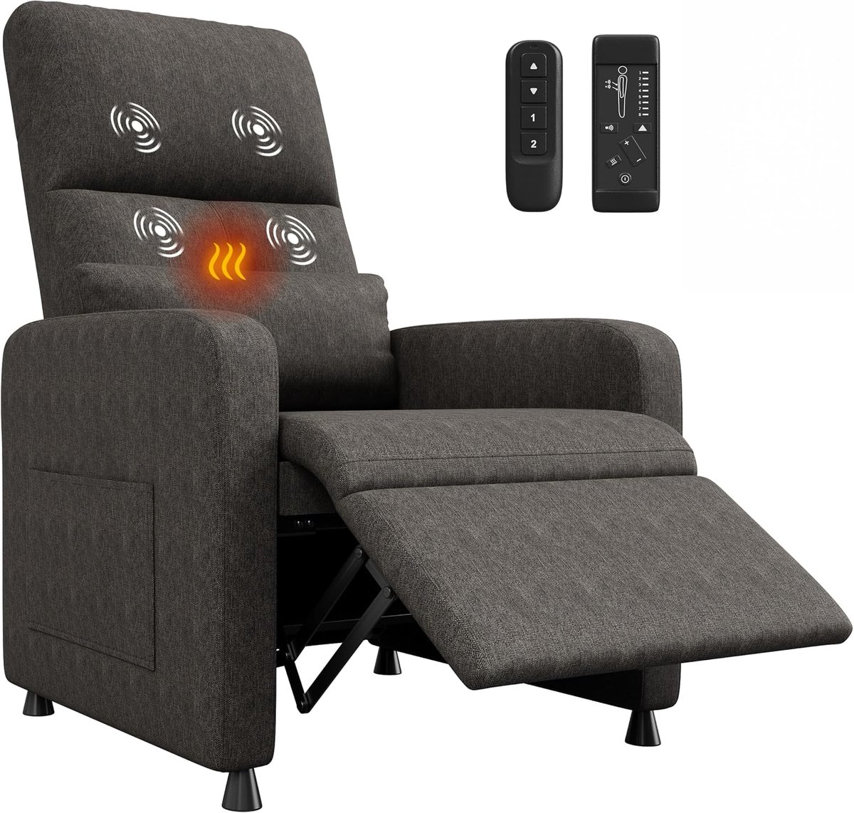 Elektrische Relaxstoel met Massage en Verwarming - Verstelbare TV-stoel (105-165°) - Linnen Look - Max. 180 kg - Inclusief Afstandsbediening & Geheugenfunctie - bruin