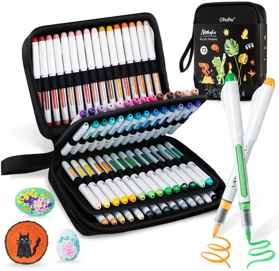 Een open zwart etui met 72 Ohuhu acrylmarkers, naast beschilderde stenen en twee markers.