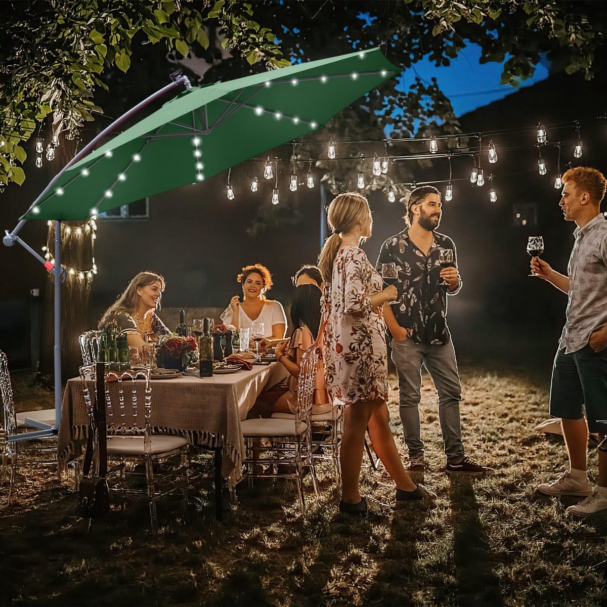 Zwevende parasol - Tuinparasol met led - Zonwering buiten - Zonne-energie verlichting - Diameter 350cm - Groen – foto 2