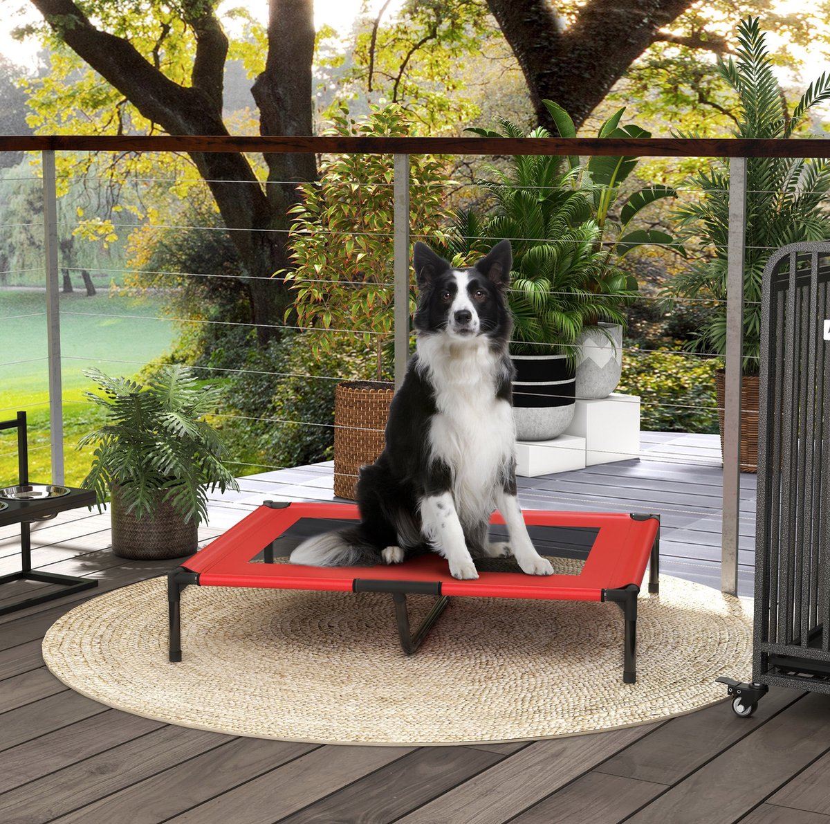 DESMIU Dierenmand – Verhoogd En Ademend – 92 x 76 x 18 cm – Metaal En Oxfordstof – Rood – Voor Binnen En Buiten – Eenvoudig Te Reinigen