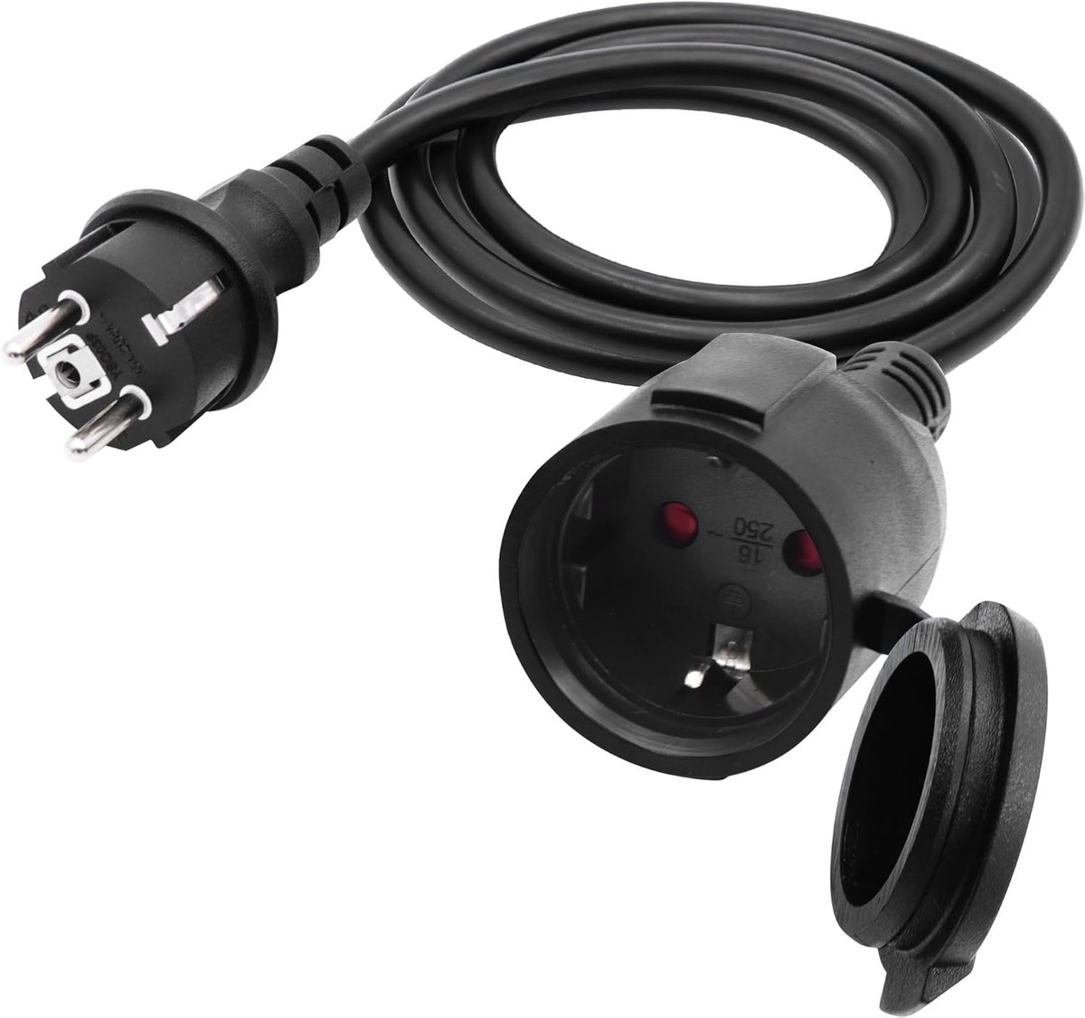 SnelShoppen - Outdoor Extension Cable met Schuko Plug 16A 250V - 2 Meter Power Cord Zwart - Ideaal voor Thuis, Kantoor, Tuin, Camping