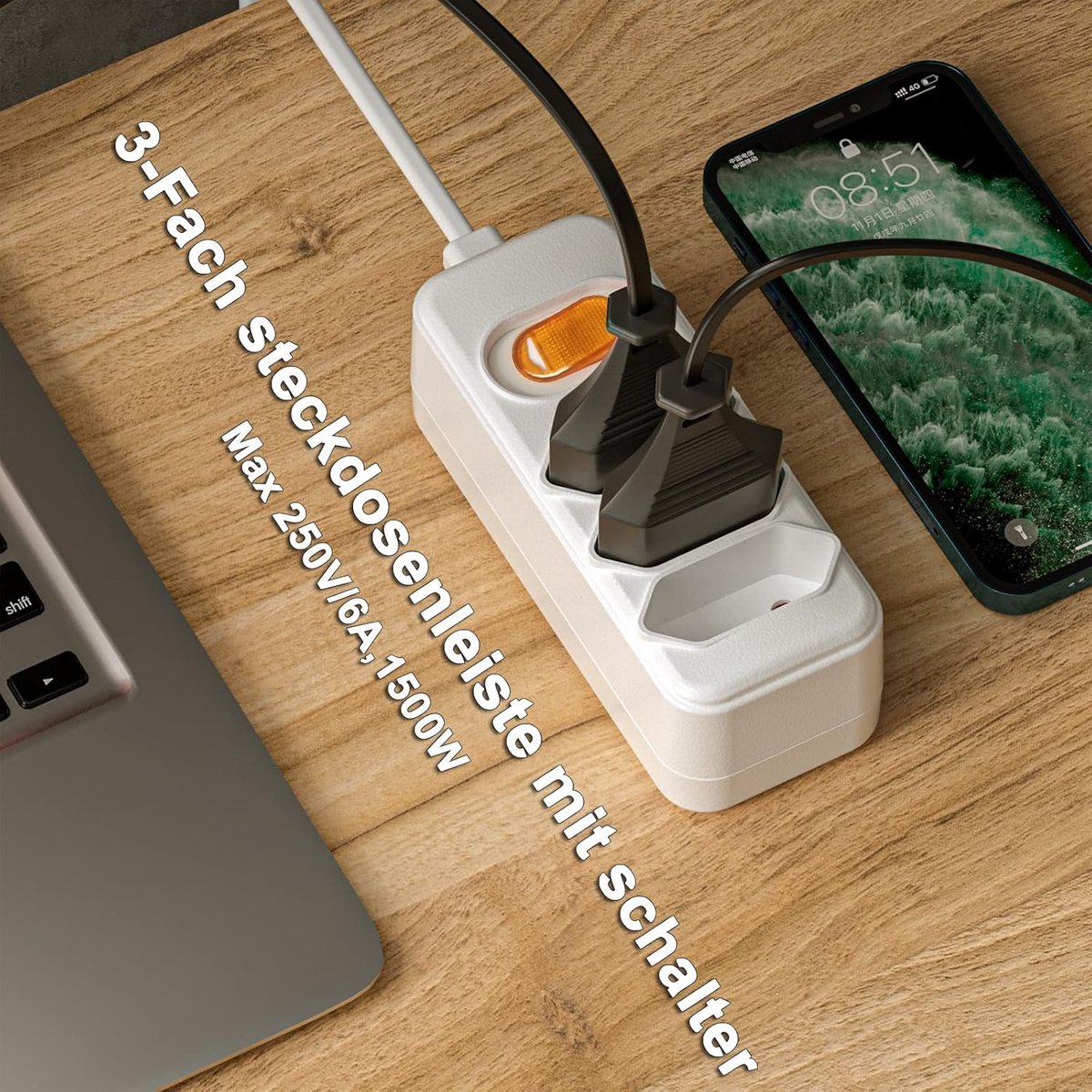 SnelShoppen - Flat Hole Socket 3-Way met Schakelaar, Euro Stekkerdoos met 2 m Kabel, Meerdere Stopcontacten voor Thuis en Kantoor, Ideaal voor Enterta