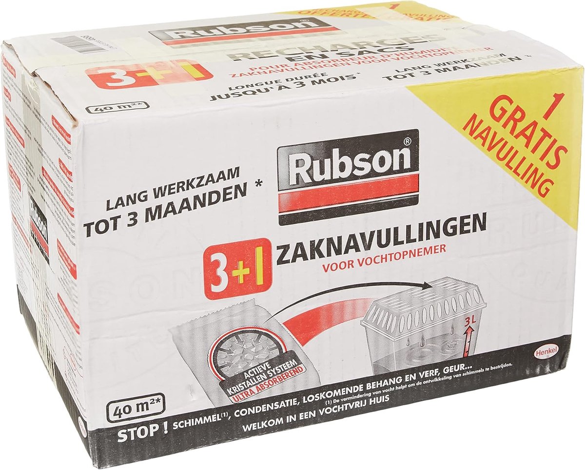 SnelShoppen - Rubson Classic navulpakket voor luchtontvochtiger, 3 + 1 gratis, ideaal voor woonkamer, slaapkamer, keuken, 4 stuks, 2-3 maanden gebruik