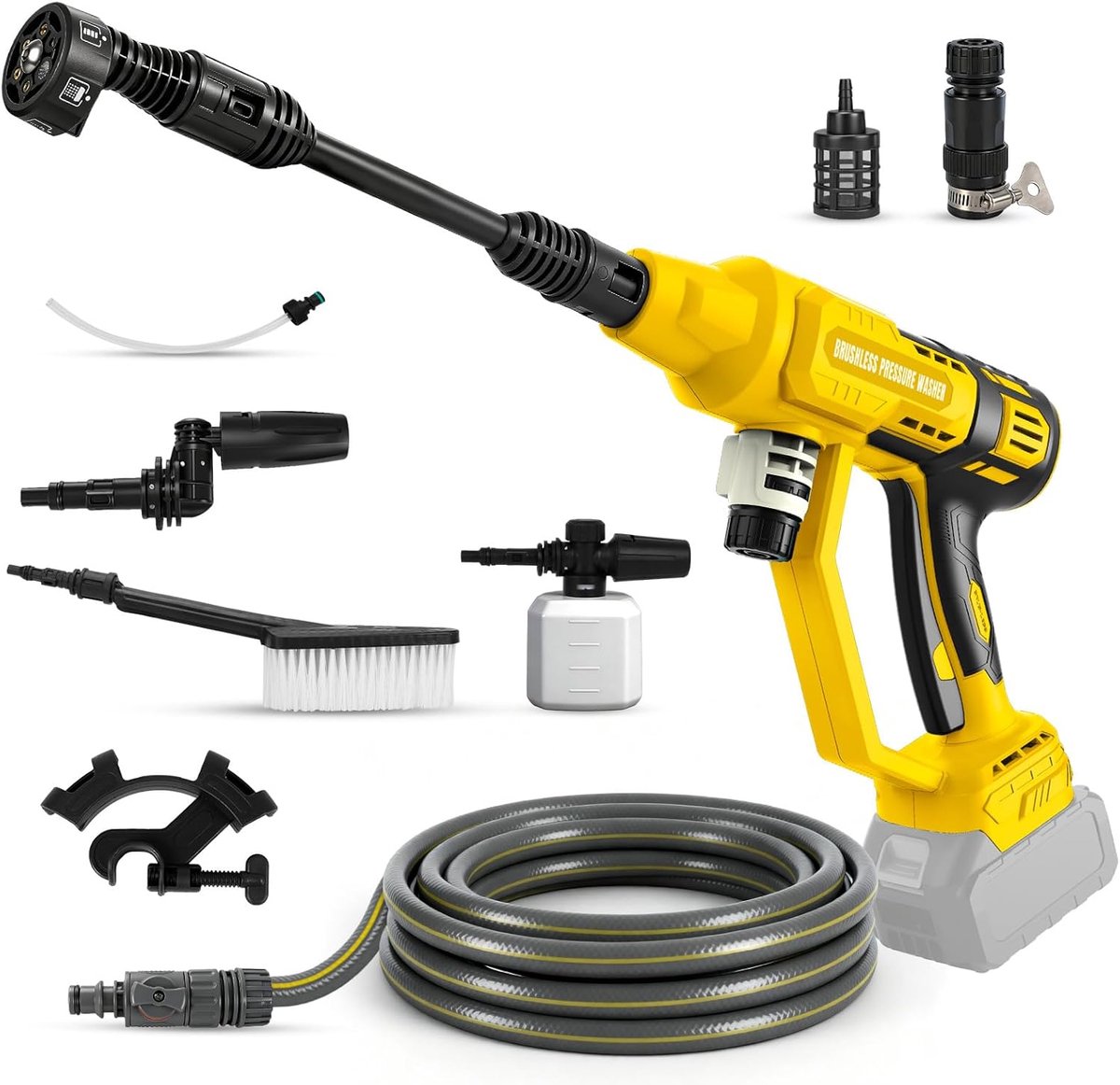 Draagbare Hogedrukreiniger - Accu Reiniger - Buiten Reinigen - 6-in-1 Mondstuk - 750 PSI - Geel