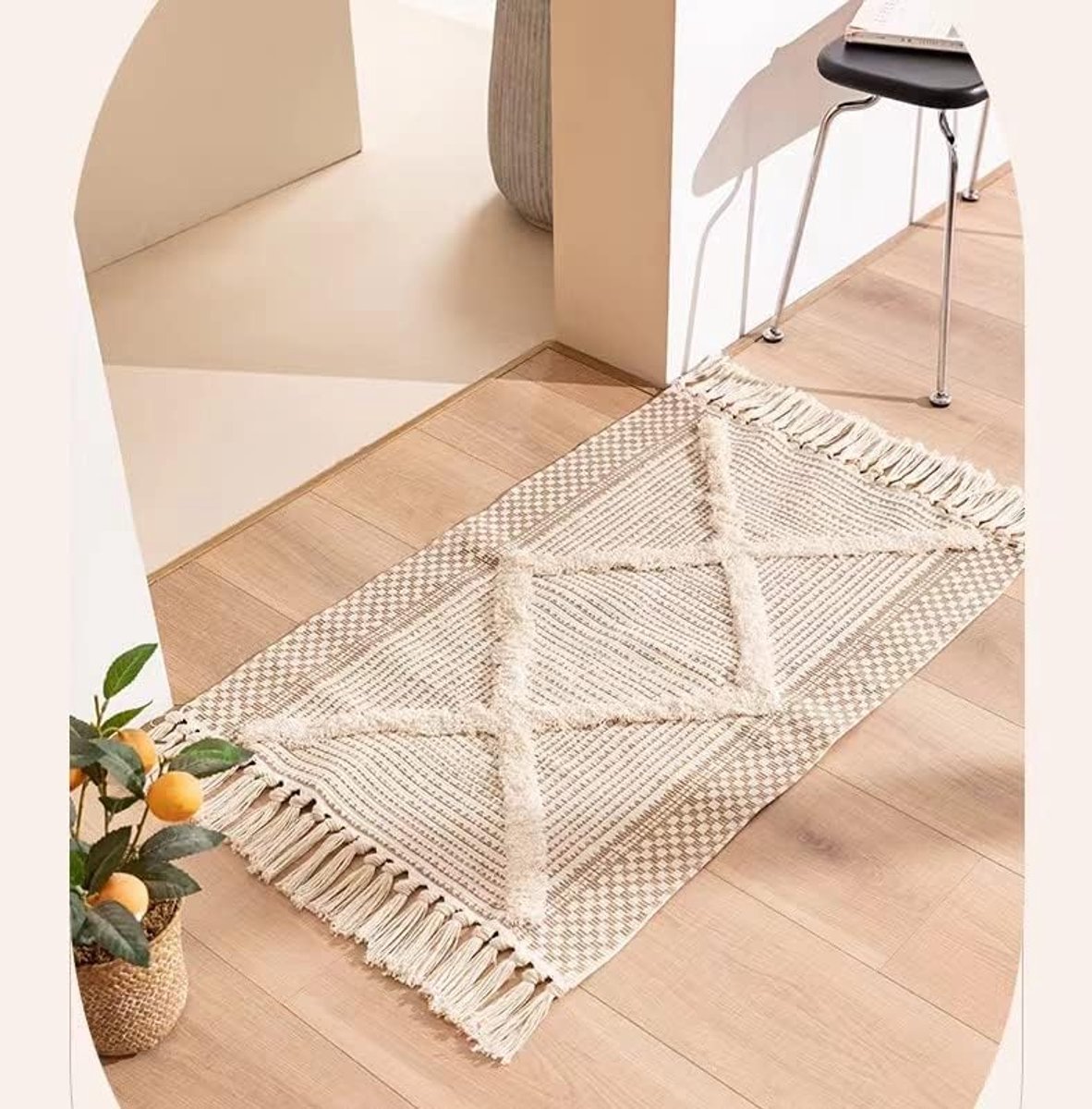 SnelShoppen - Katoenen Tapijt Getuft Wasbaar Retro Hal Tapijt met Kwastjes - Marokkaanse Bohomatten voor Woonkamer, Slaapkamer, Toegangsdeur - Lichtbr
