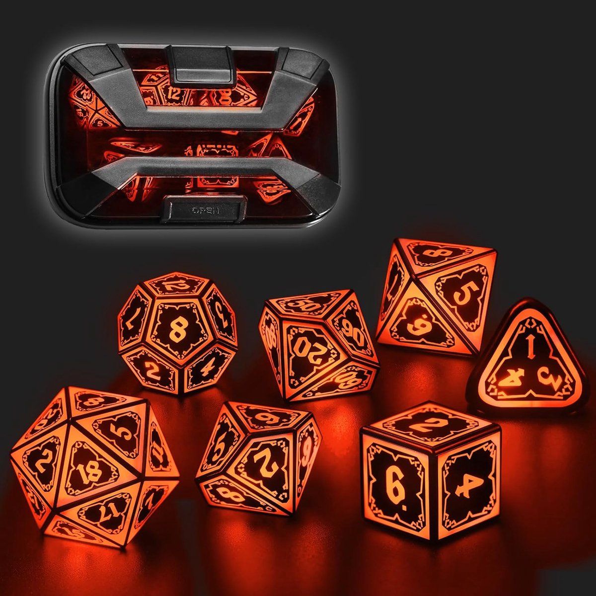 SnelShoppen - Verlichte DND Dobbelstenenset voor Dungeons and Dragons, 7 Delige Oplaadbare LED Polyeder Dobbelstenen met Oplaadbox (Astrale Scherf Ora