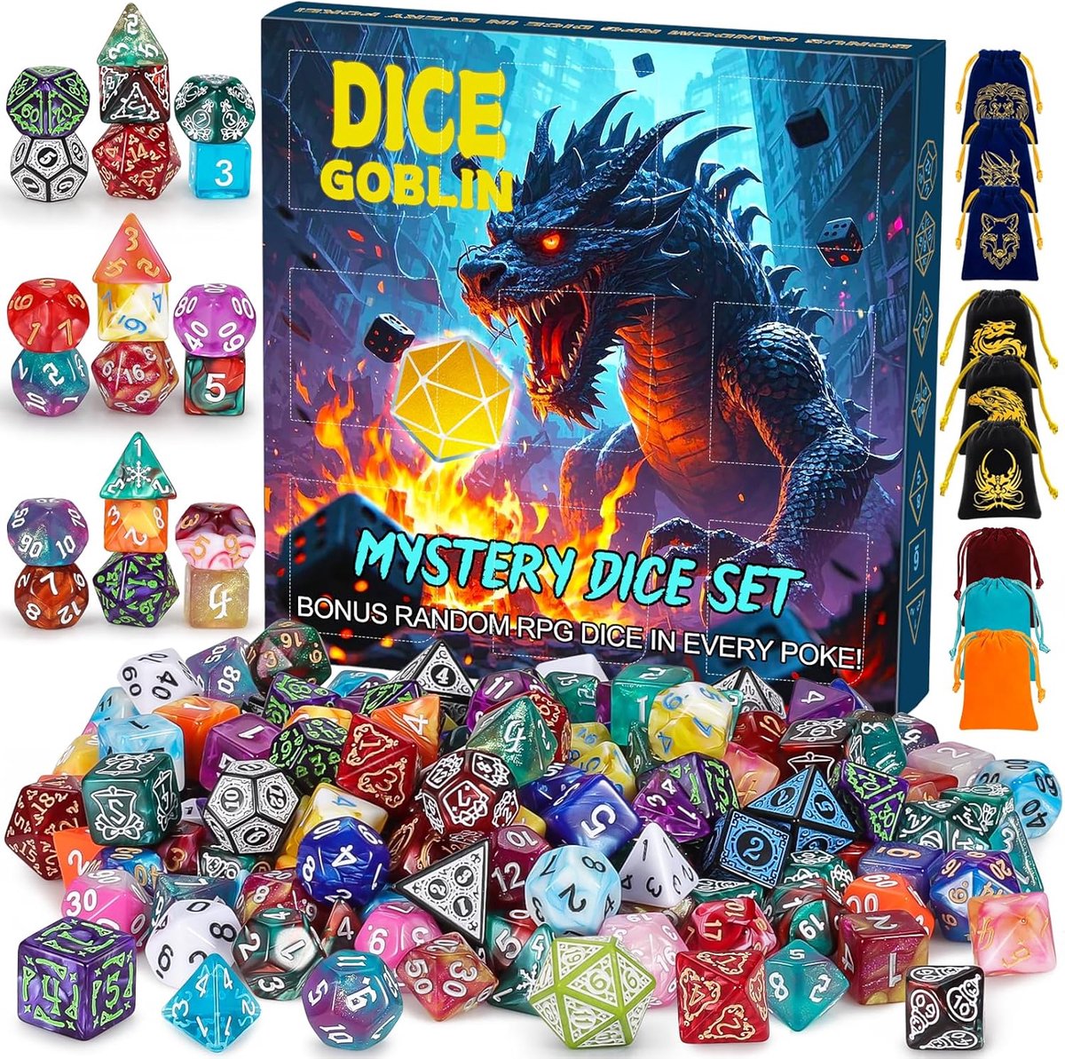 SnelShoppen - 9 Polyhedrale Dobbelsteenset, Mysterie Dobbelstenen voor Dungeons and Dragons, Tafelspellen RPG, D20 D12 D10 D8 D6 D4, Inclusief Stoffen