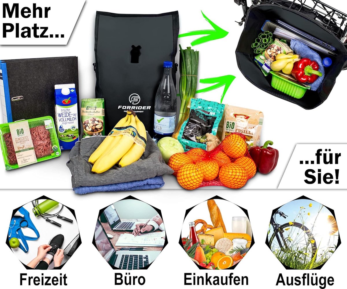 SnelShoppen - Fietstas voor bagagedrager 22L, waterdicht en reflecterend, zwarte bagagedragertas en zadeltas voor fiets, perfect voor winkelen en fiet