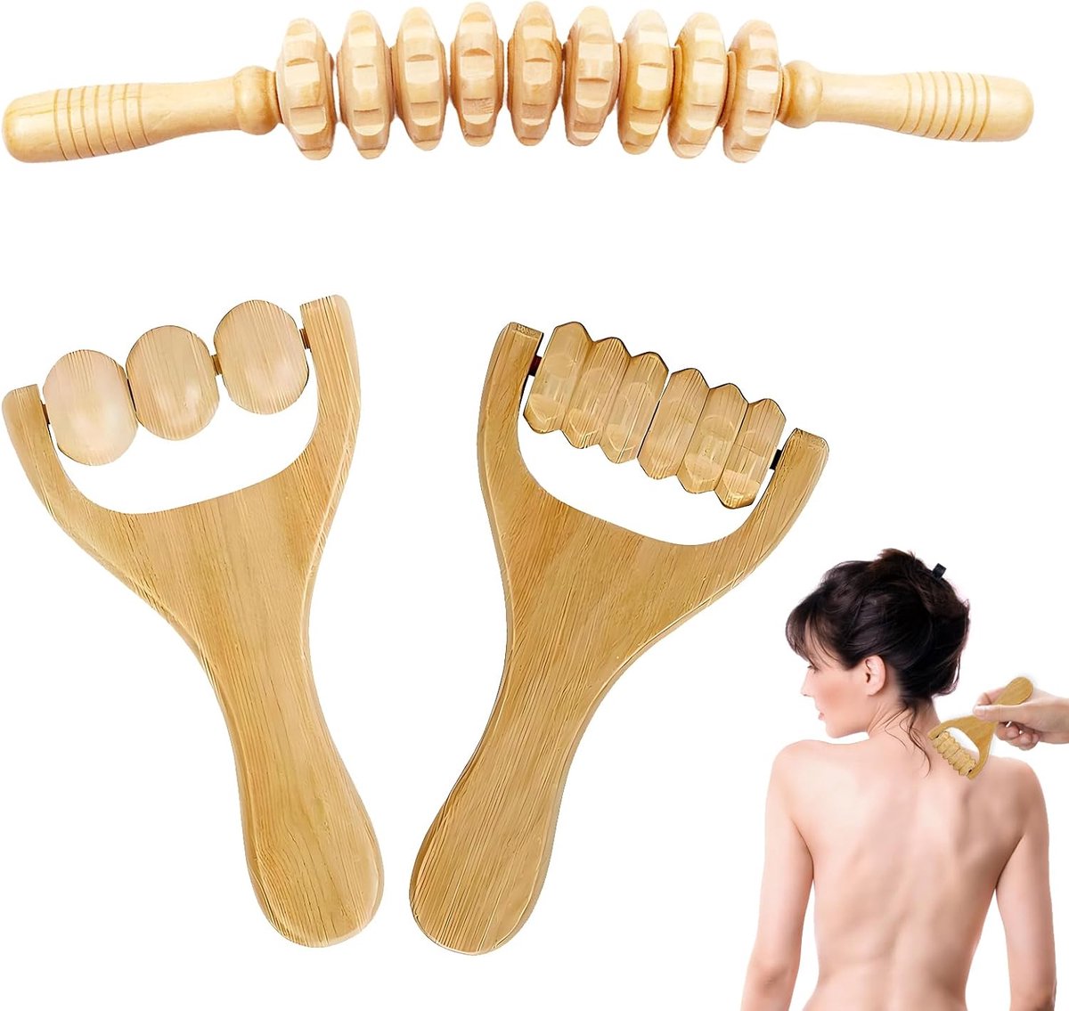 SnelShoppen - Massageroller Hout Set van 3 Stuks, Multifunctioneel Fasciaroller Massagegereedschap van Beukenhout voor Thuis, Kantoor en Reizen