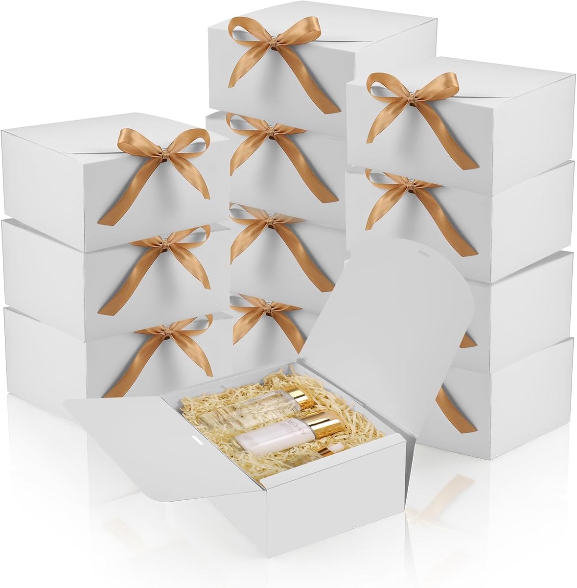 SnelShoppen - 12 Pack Witte Geschenkdozen met Deksels, 20x20x10cm Kraft Papier, Herbruikbare Cadeau Verpakking met Lint voor Bruiloft, Verjaardag, Ker