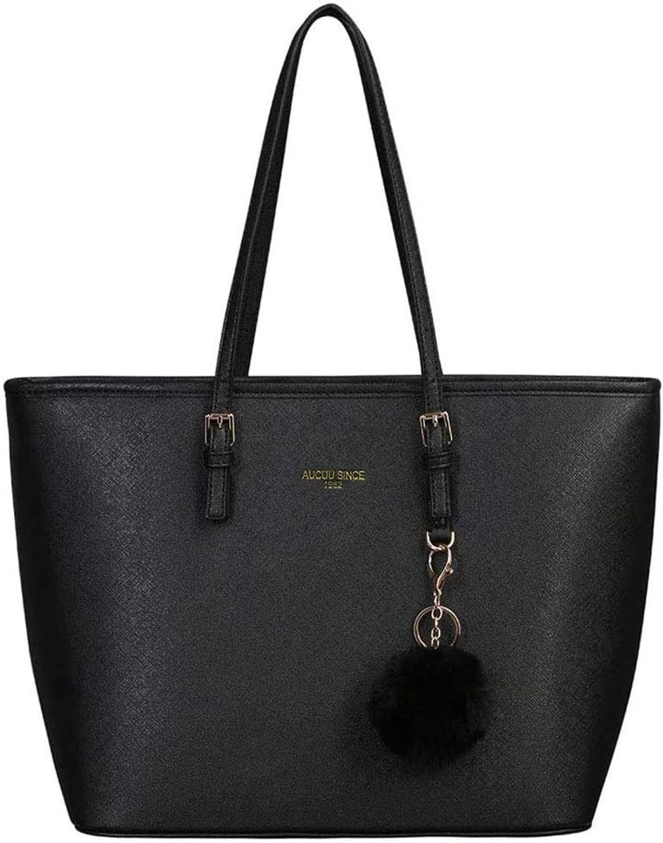SnelShoppen - Dames Handtas Schoudertas PU Lederen Laptop Draagtas 15,6 Inch Lichtgewicht Zwart Voor School Werk Reizen Winkelen