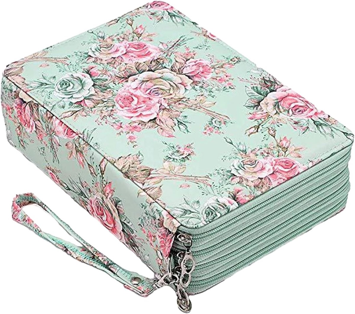 VHV - Etui - Groot etui met 3 lagen en ritssluiting - Pennenzak met polsband - Geschikt voor circa 200 pennen, schoolspullen en knutselmateriaal - Bloemenpatroon - 28*20*8cm - Rozenmotief