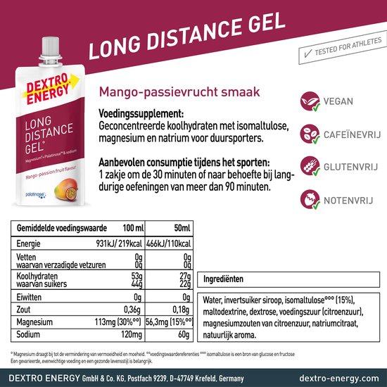 Dextro Energy Long Distance Energy Gel - Mango Passievrucht - Sportgel - Energie Gel Hardlopen en Wielrennen - 12 x 50 ml van Merkloos — afbeelding 4