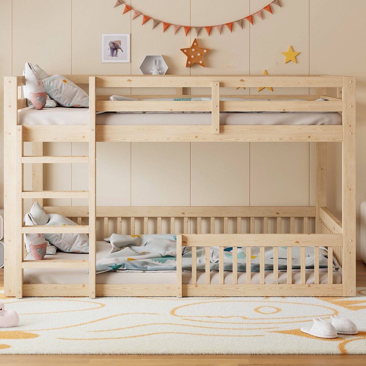 Sweiko Stapelbed - 160 x 200 cm - Met veiligheidshekjes - MDF + Grenenhout - Kinderbed - Natuurlijke