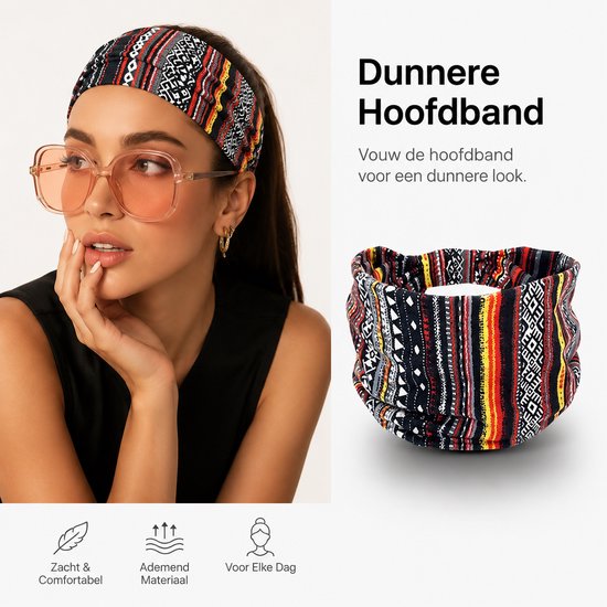 Dunnere dames hoofdband met etnisch patroon in zwart, geel, rood en wit. Vouwbaar voor een dunnere look. Zacht en ademend.