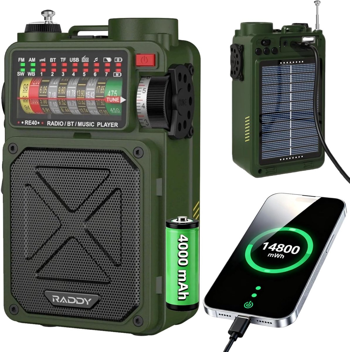 SnelShoppen - Retro Shortwave Radio AM FM SW Ontvanger met 4000mAh Batterij, Bluetooth Speaker, Crank Radio, SOS Alarm, USB en Micro SD Ondersteuning,