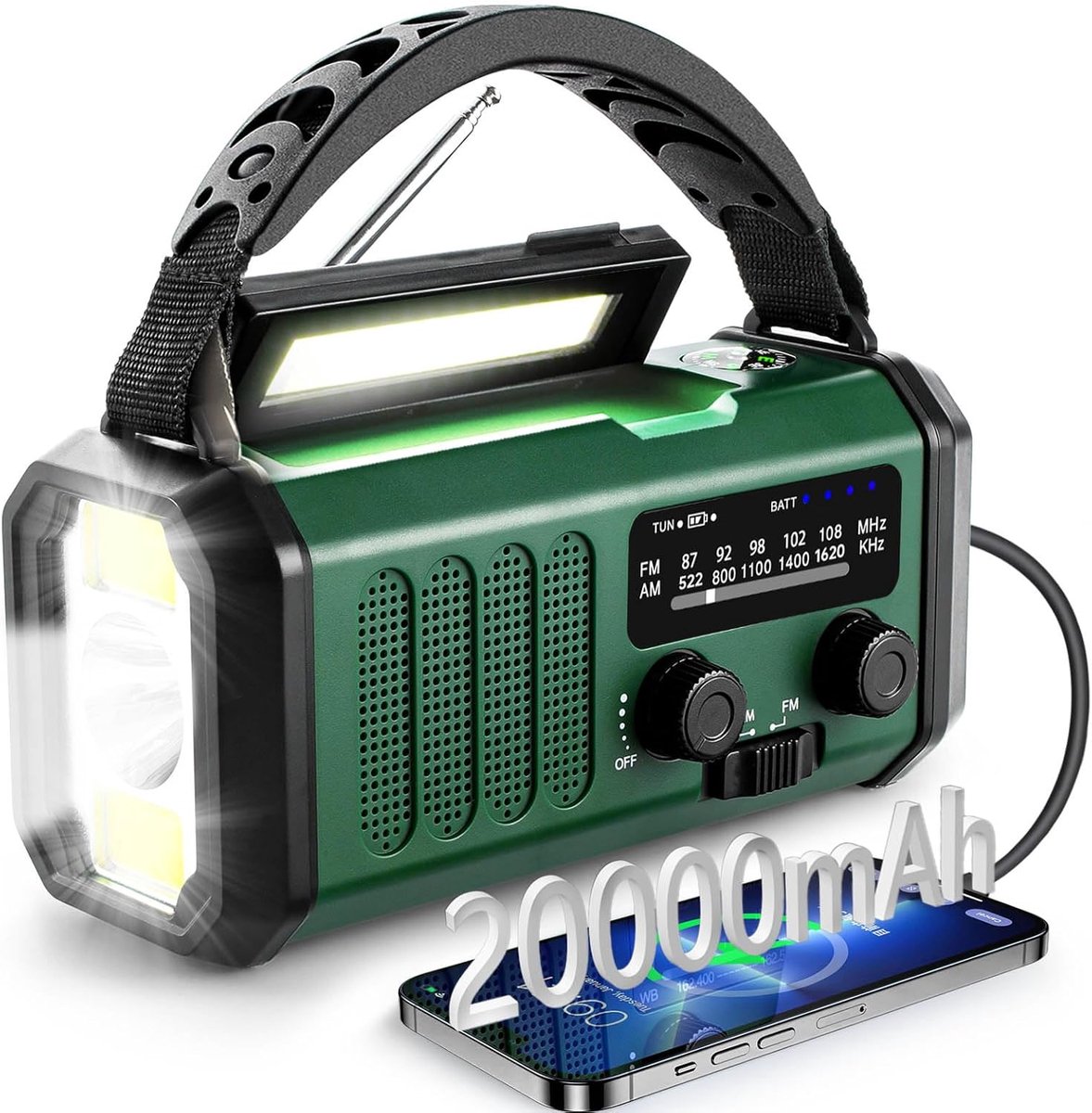 SnelShoppen - 20,000 mAh Draagbare Zonne- en Dynamo Radio met Crank, FM/AM, Oplaadbaar, Lezen Licht, Kompas, SOS Alarm, Ideaal voor Camping en Outdoor