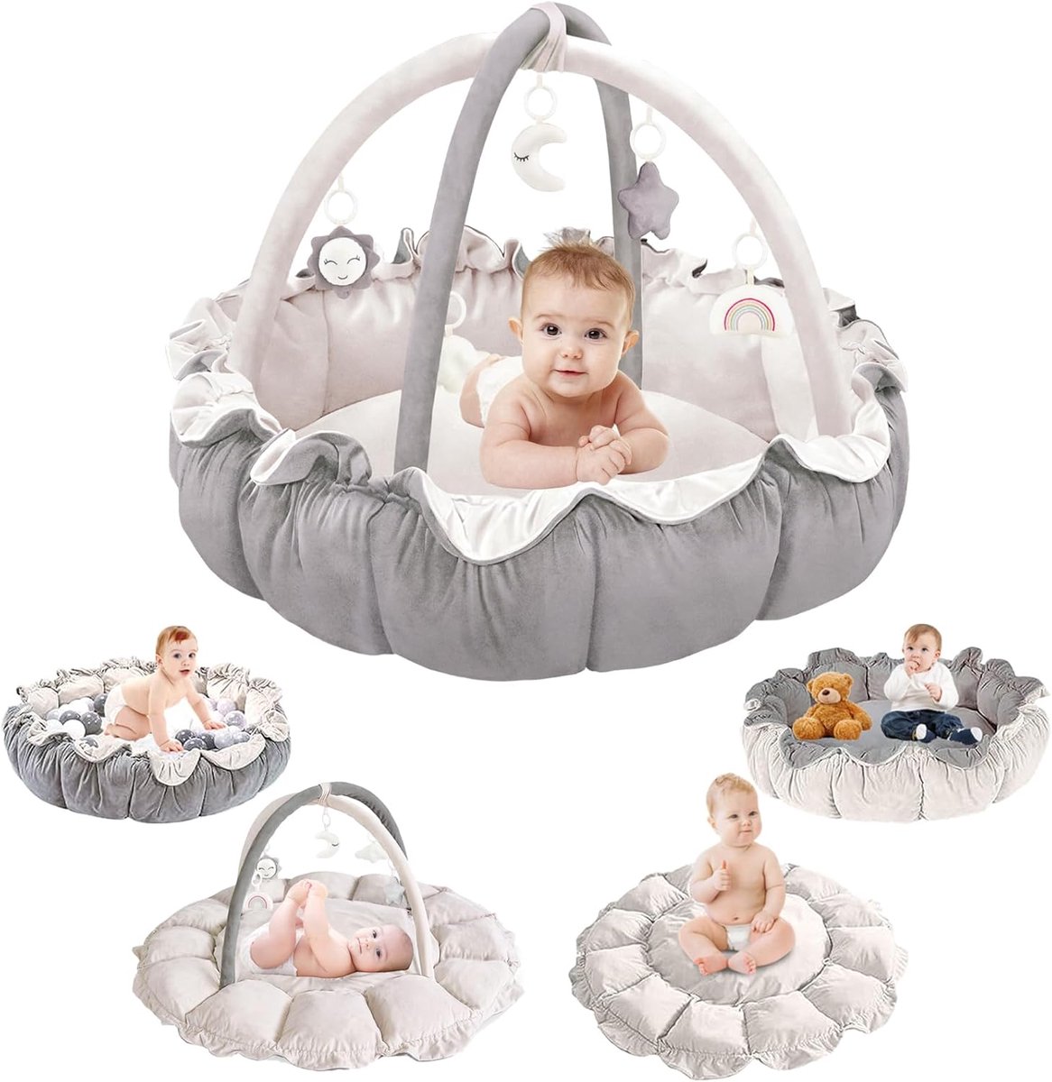 SnelShoppen - Fitnessstudio voor baby's, Baby Speelmat activiteitenmat, opvouwbare speeldeken met 5 hangend speelgoed, gevoerde mat voor kruipen, kind