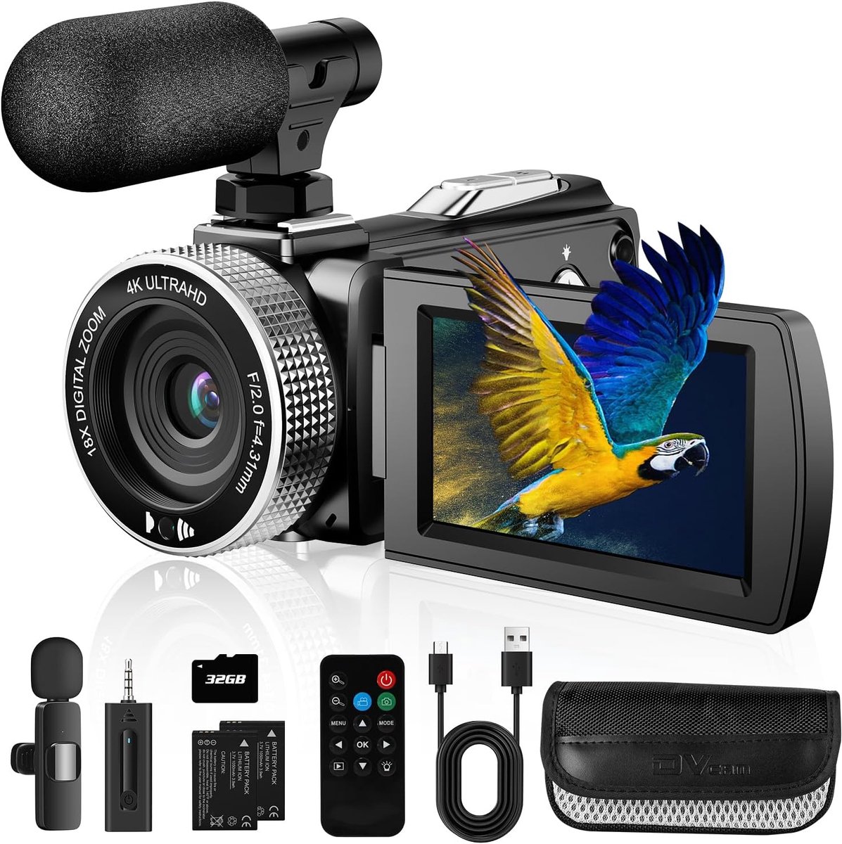 SnelShoppen - Video Camera 4K 48MP Digitale Camcorder voor YouTube Vloggen met Draadloze Microfoon, SD Kaart, 2 Batterijen en Afstandsbediening - Perf