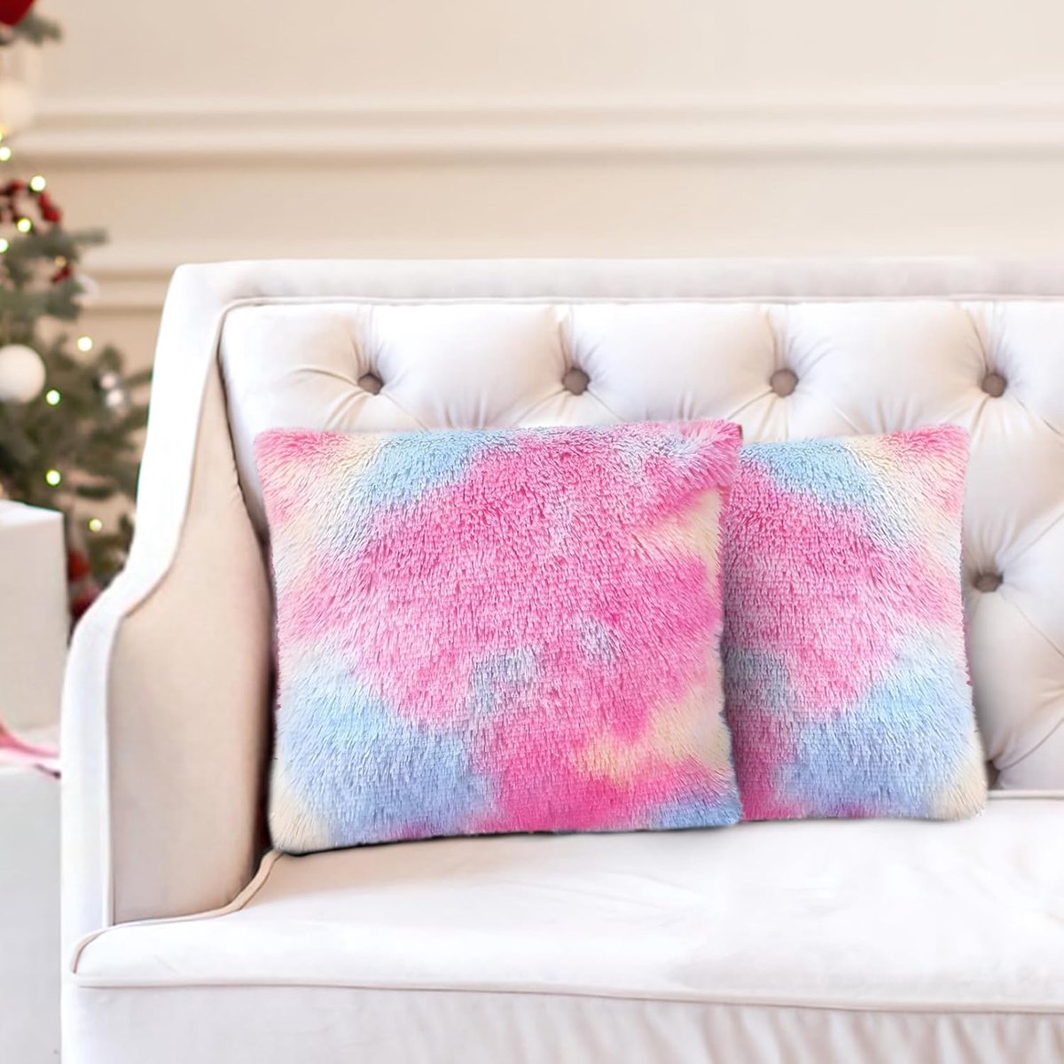 SnelShoppen - Set van 2 Fluffy Faux Fur Kussens - Pluche Decoratieve Kussens voor Sofa en Stoel - Rainbow, 45 x 45 cm - Super Zacht en Comfortabel