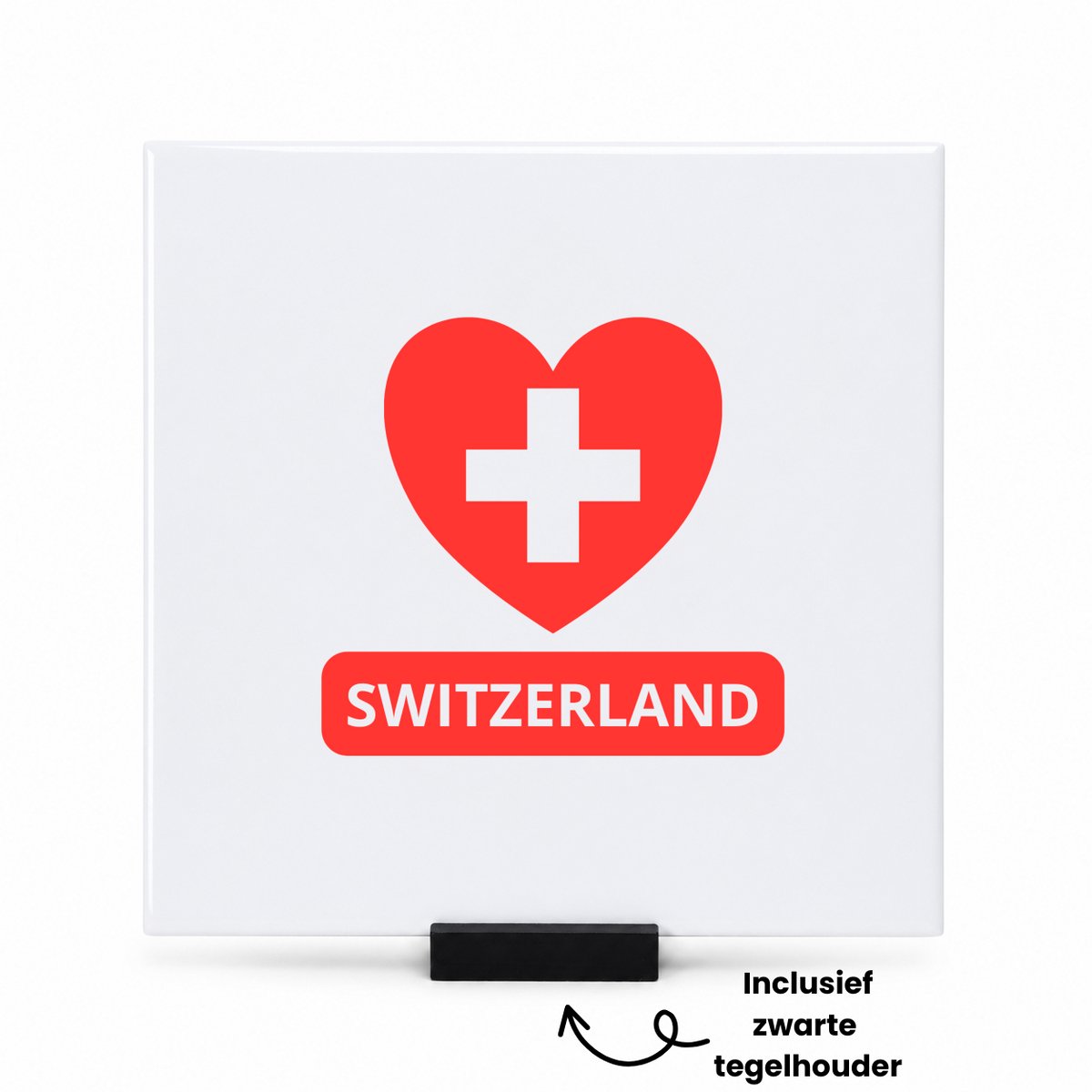 Hacebo Switzerland vlag hartje tegeltje met tegelhouder - Zwitserland - reizigers - tegeltjes met tekst - toerist - verjaardagscadeau - souvenir - vakantie - spreuktegels - 15x15 CM