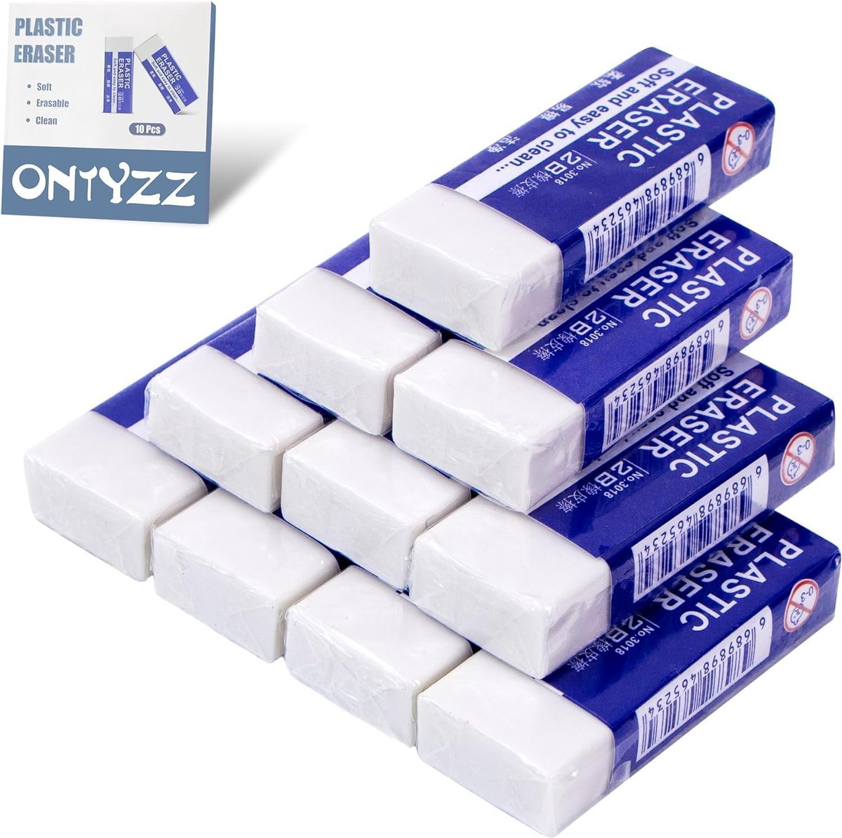SnelShoppen - Pencil Erasers Classic Witte Plastic Gum Rubber Gummen voor School, Kantoor, Schetsen, Schilderen, Fijne Kunsten - 10 Stuks 2B Ergonomis
