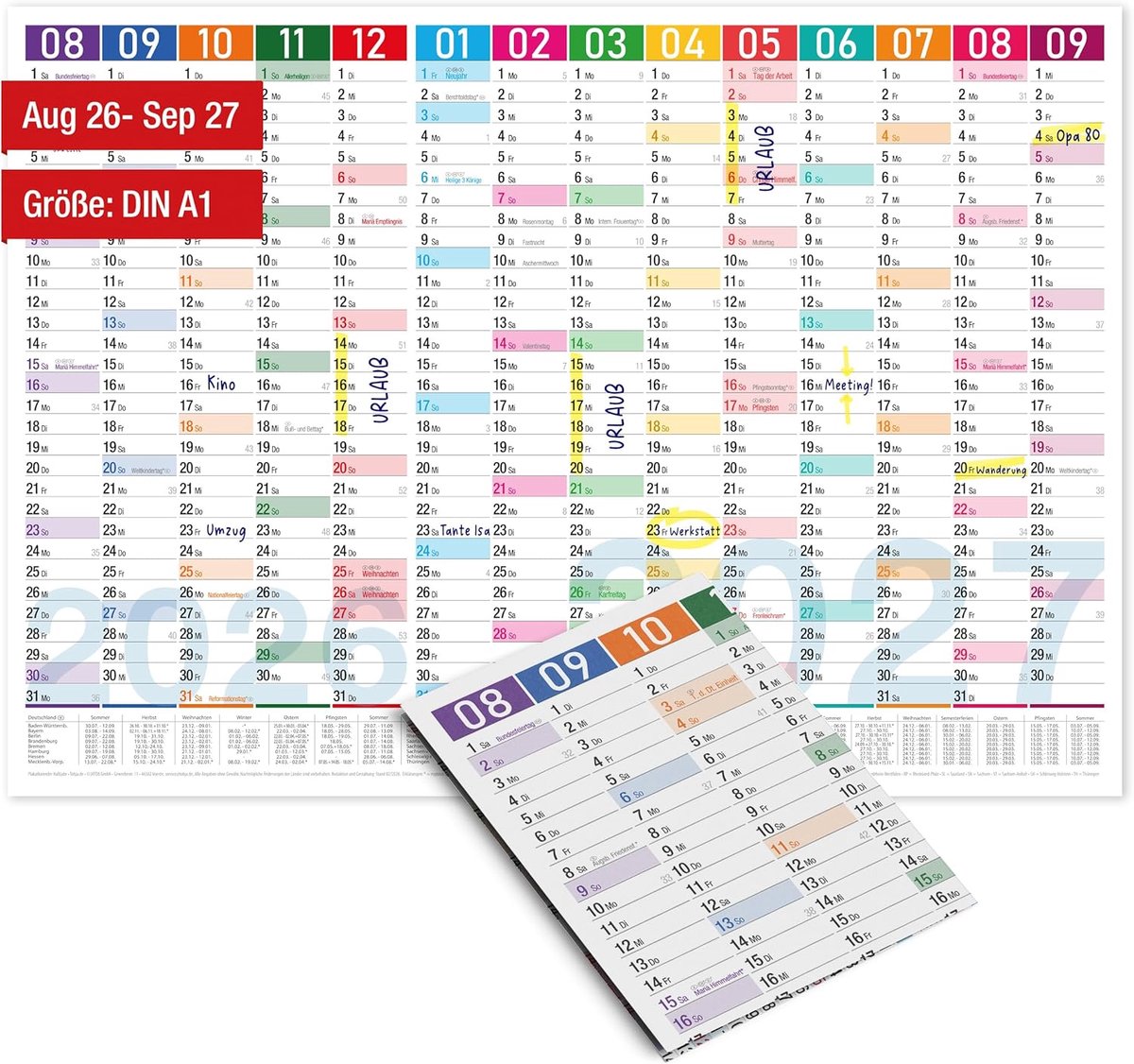SnelShoppen - TOBJA Schooljaar Kalender A1 2026/2027, XL Wandkalender 14 Maanden Aug 2026 - Sep 2027, Kleurrijke Blokken, Vakantiedagen DE & AT, Schri