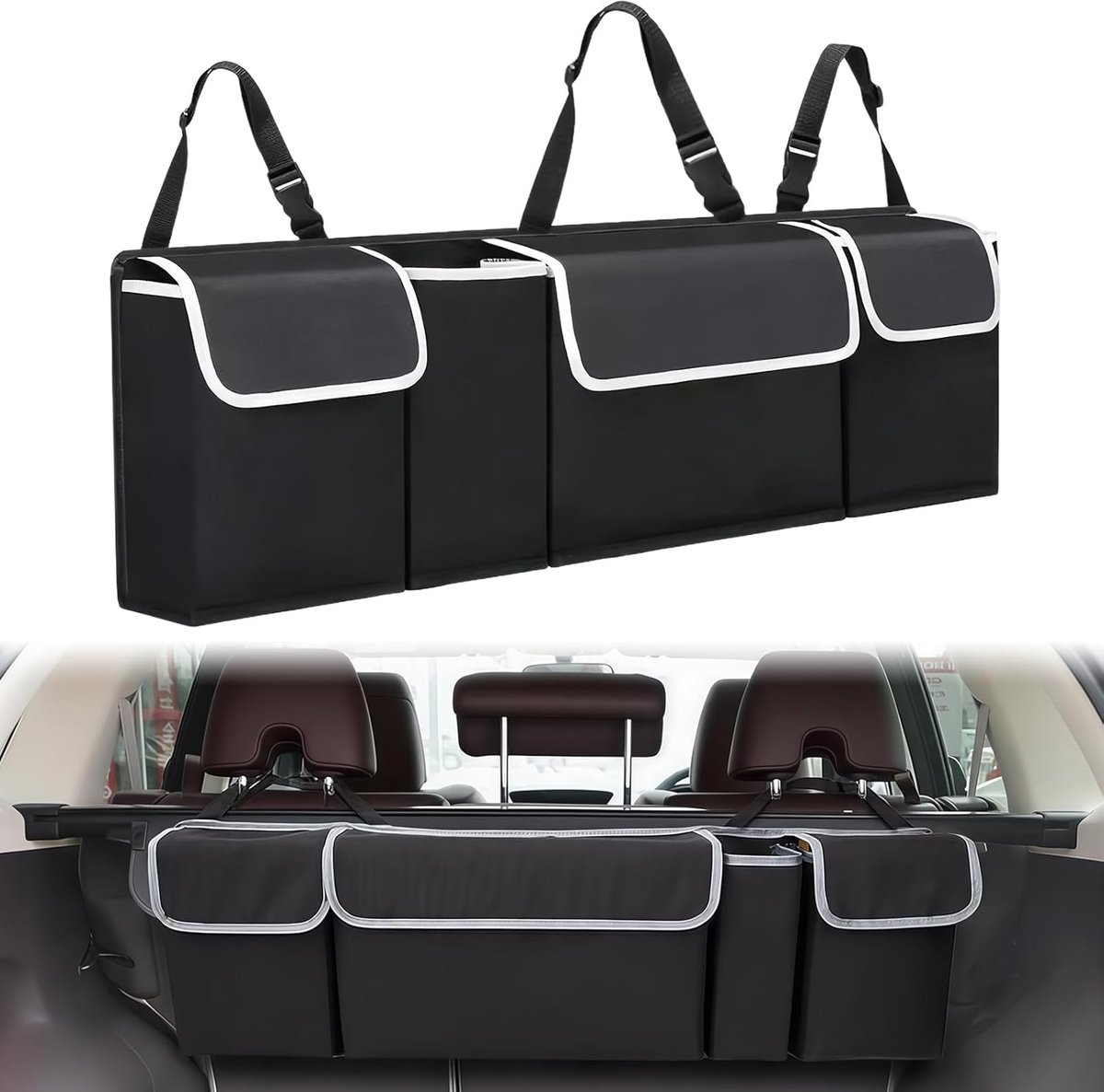 SnelShoppen - Trunk Organizer - Waterdichte Achterbank Opbergzakken met 4 Vakken - Verstelbare Vouwbare Auto Opberg Organizer - Universele Auto Interi