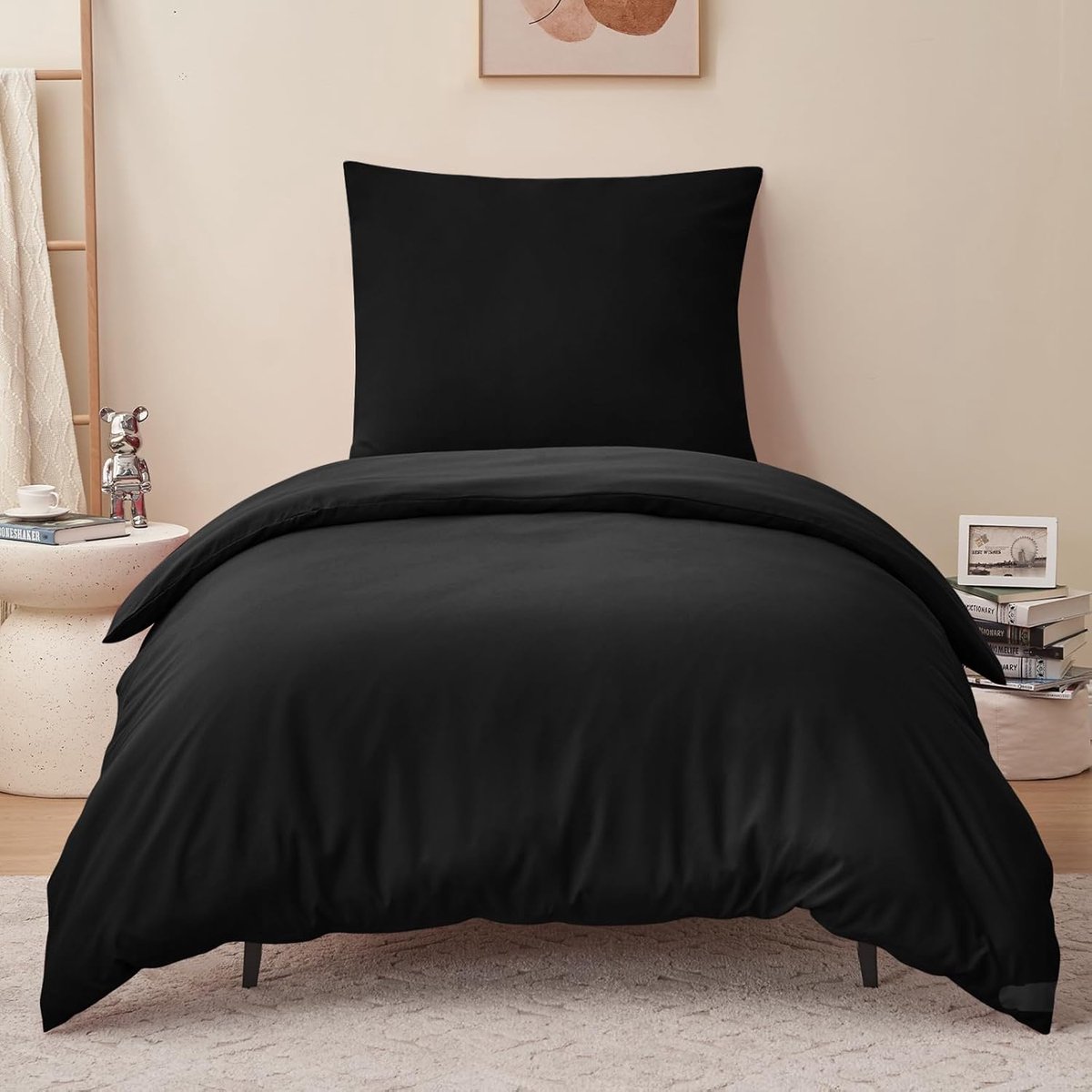 SnelShoppen - Duvet Cover 140 x 200 cm, Zwart, Eenpersoons Dekbedovertrek met Rits, Microfiber Dekbedovertrek met 1 Kussenhoes 65 x 65 cm, Ademend, Id