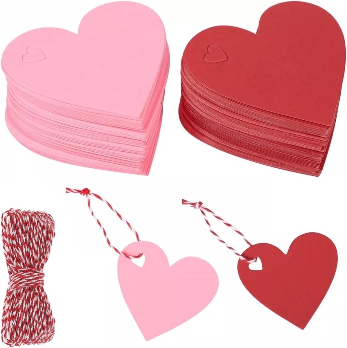 SnelShoppen - 200pcs Hart Kraft Papier Labels, Roze Cadeau Hangers met Rode en Katoenen Touw 20M voor Feest, Verjaardag, Valentijnsdag, Kerst, Bruilof