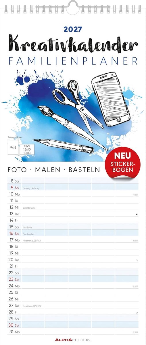 SnelShoppen - Kreativkalender Familienplaner 2027 - Bastelkalender 19,5x45 cm - 5 Spalten - Individueel Gestaltbaar - Notizfeld en Stickerbogen - Perf