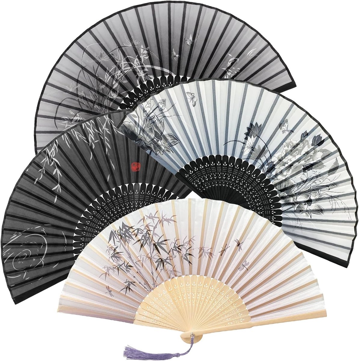 SnelShoppen - Set van 4 Vouwfansen, Chinese Stijl Handfan met Tressen, Bamboe Vouwbare Fans met Traditionele Patronen, Zwart en Grijs, Perfect voor Fe