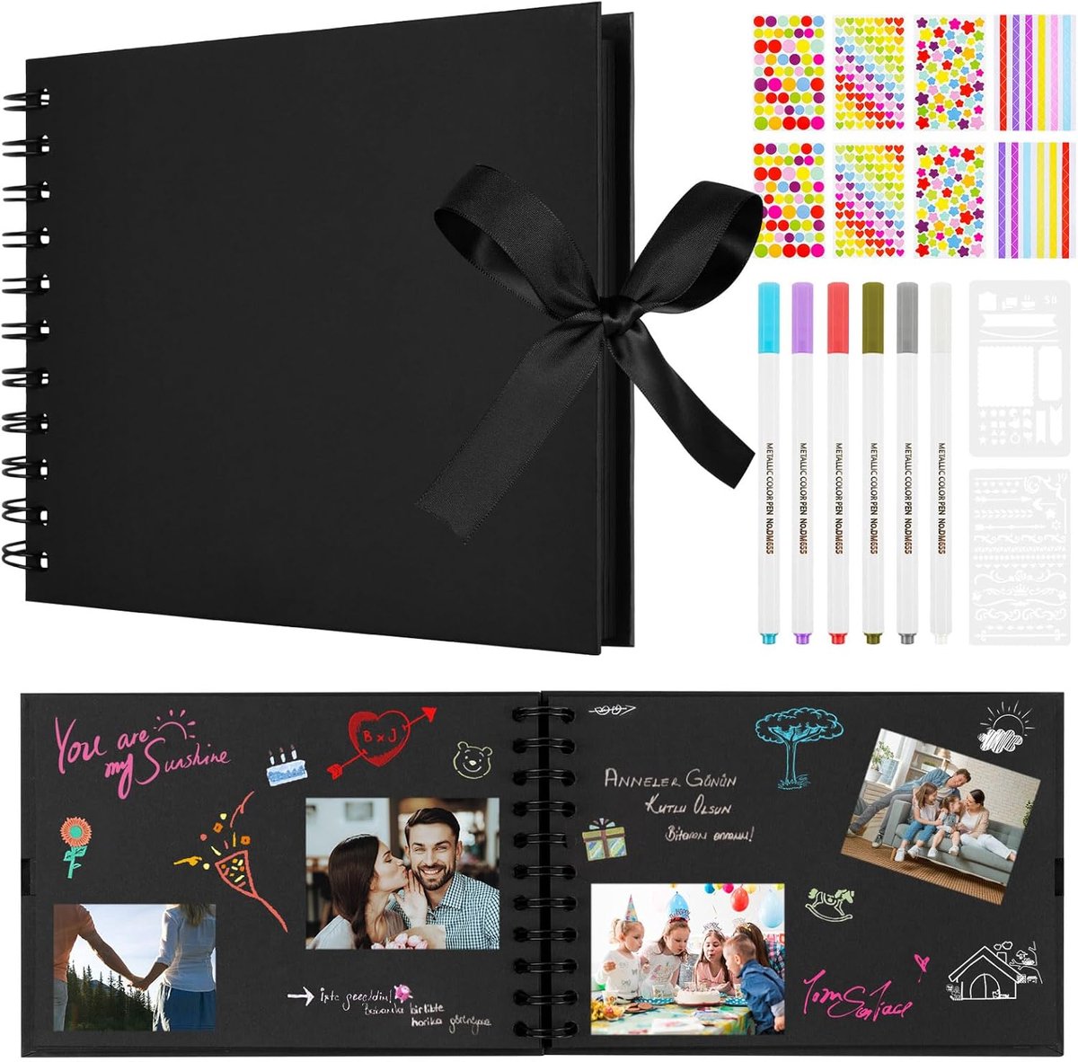 SnelShoppen - DIY Foto Album met 30 Zwarte Pagina's, Scrapbook Kit met Kleurige Pennen en Stickers, 21.5 x 15 cm, Perfect voor Baby Foto's en Herinner