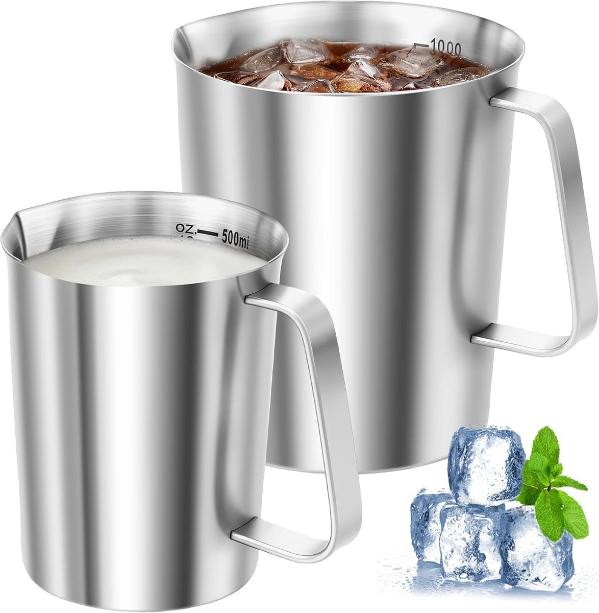 SnelShoppen - 2 Stuks Roestvrij Stalen Maatbekers 500ml + 1L - Melkkannetje met OZ en ML-schaal - Ideaal voor Keuken, Café, Bar en Theehuis