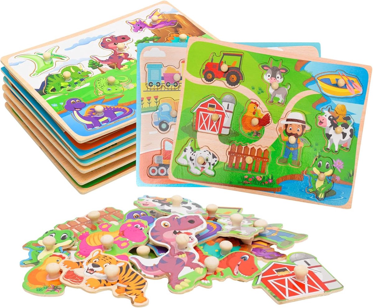 SnelShoppen - Houten Puzzels voor Peuters 2-4 Jaar - 6 Stuk Educatief Speelgoed - Veilig en Eco-vriendelijk Houten Puzzelset - Perfect voor Kinderen