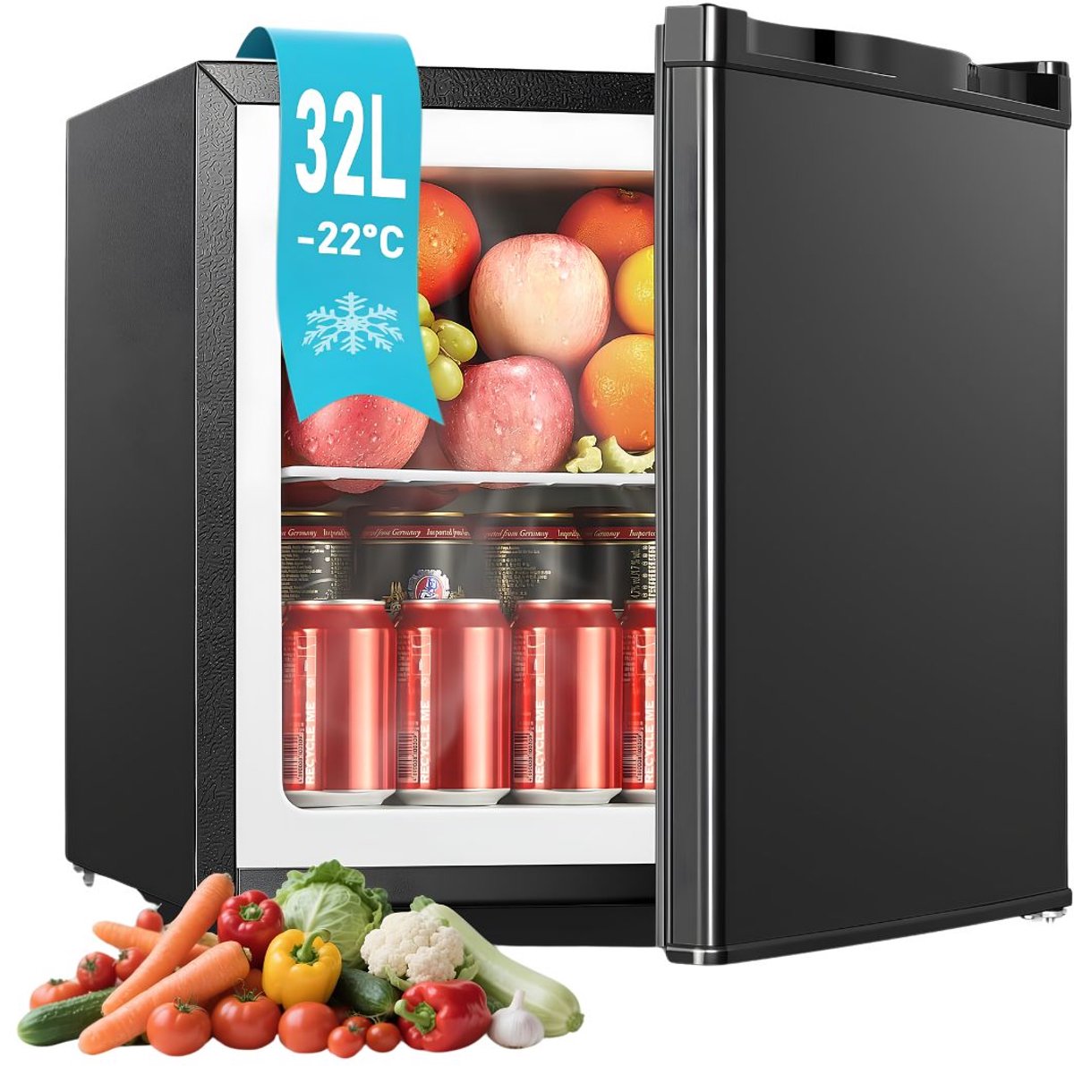 JCP® Mini Vriezer - Kleine Compacte Vriezer - 32L Minivriezer - Zwart - 47cm x 45cm x 50cm