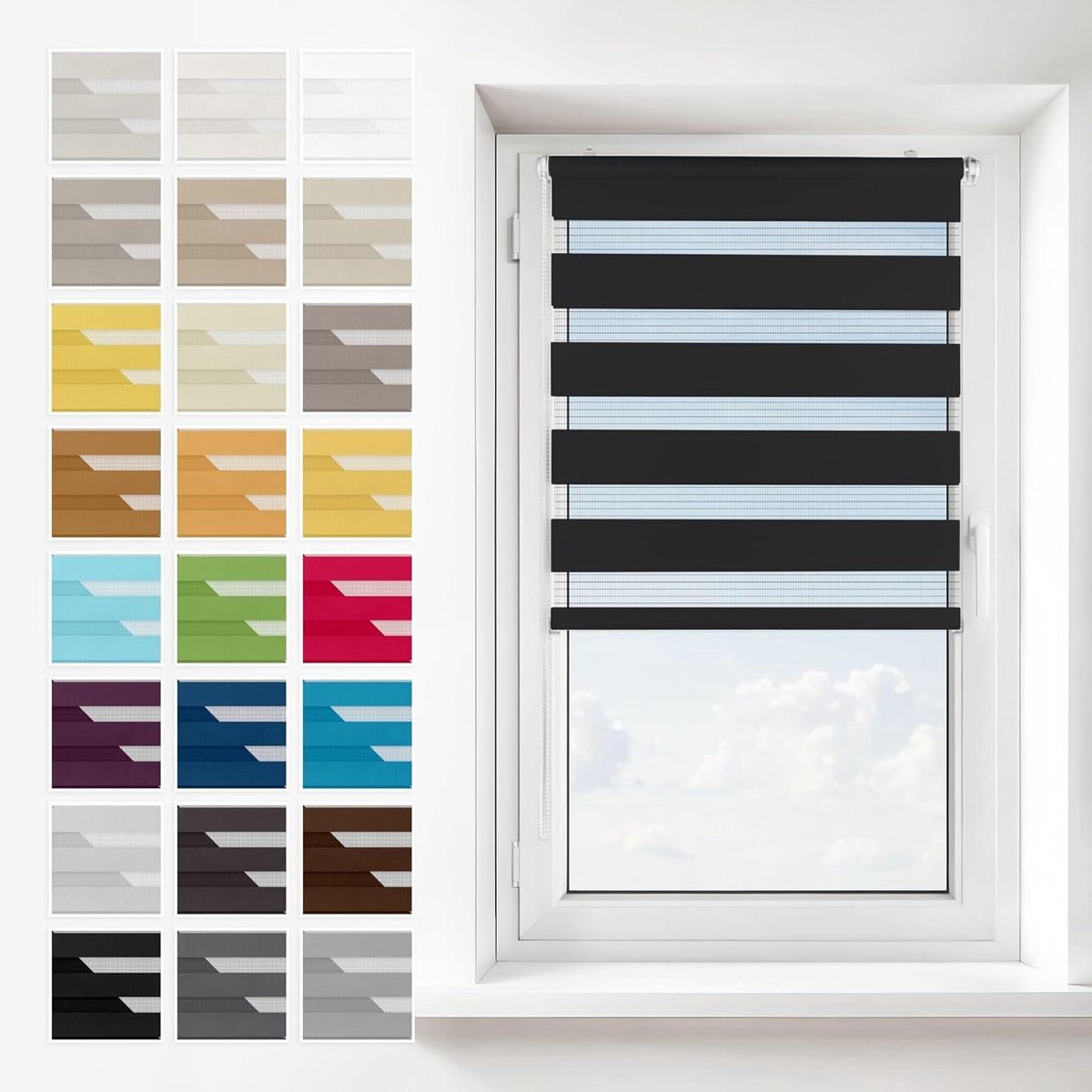 Duo Rolgordijn - Dag Nacht - Licht Regelen - Montage Zonder Boren - 30 x 120 cm - Zwart