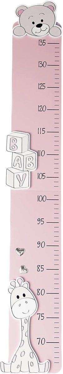 SnelShoppen - Houten Roze Groeimeter Kinderen Wanddecoratie met Dieren en Zilveren Accenten - Perfect voor Kinderkamer, Geboorte en Verjaardag