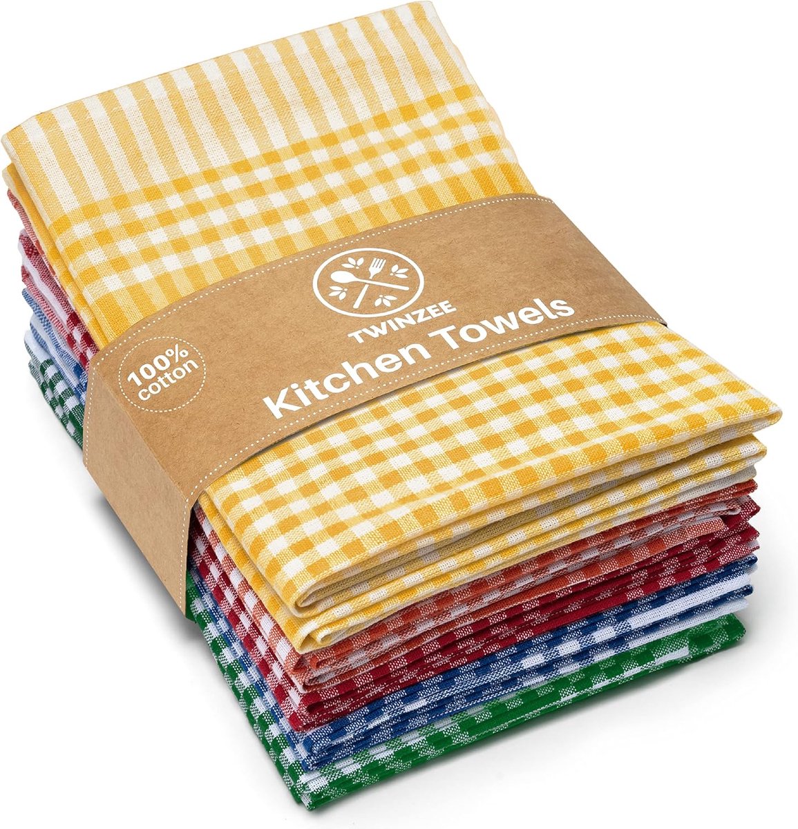 SnelShoppen - Set van 10 Keukenhanddoeken - 100% Katoen - 47 x 67 cm - Extra Absorberend - Multifunctionele Theedoeken - 2 Blauw, 2 Rood, 2 Groen, 2 O