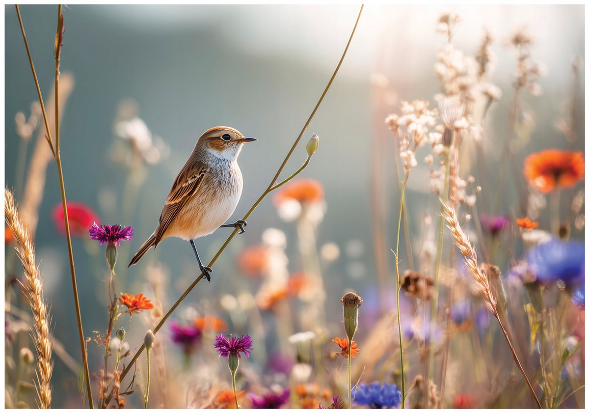 WALLARENA - Fotobehang - 400x280 cm - wilde bloemen en vogels voor woonkamer en slaapkamer